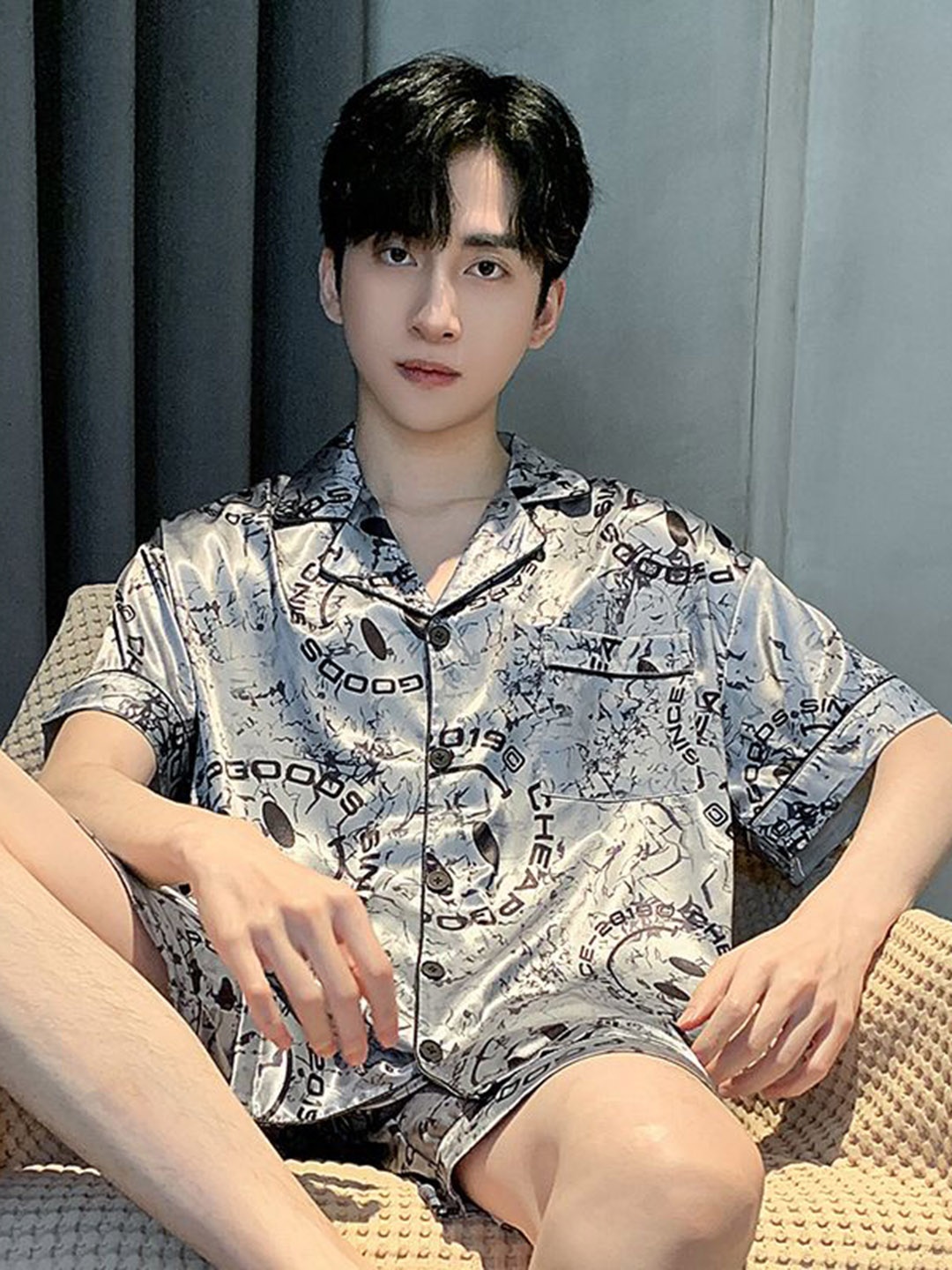 

StyleCast Printed Lapel Collar Shirt with Shorts Night Suit, Grey