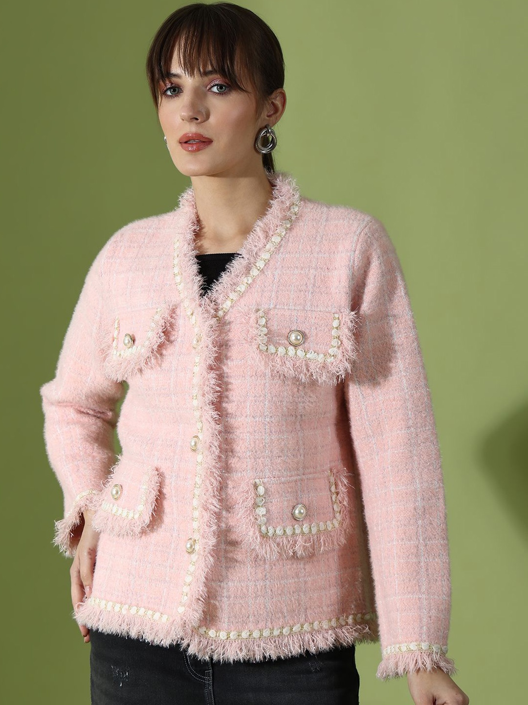 

KALINI Checked V-Neck Ribbed Woollen Pullover, Pink