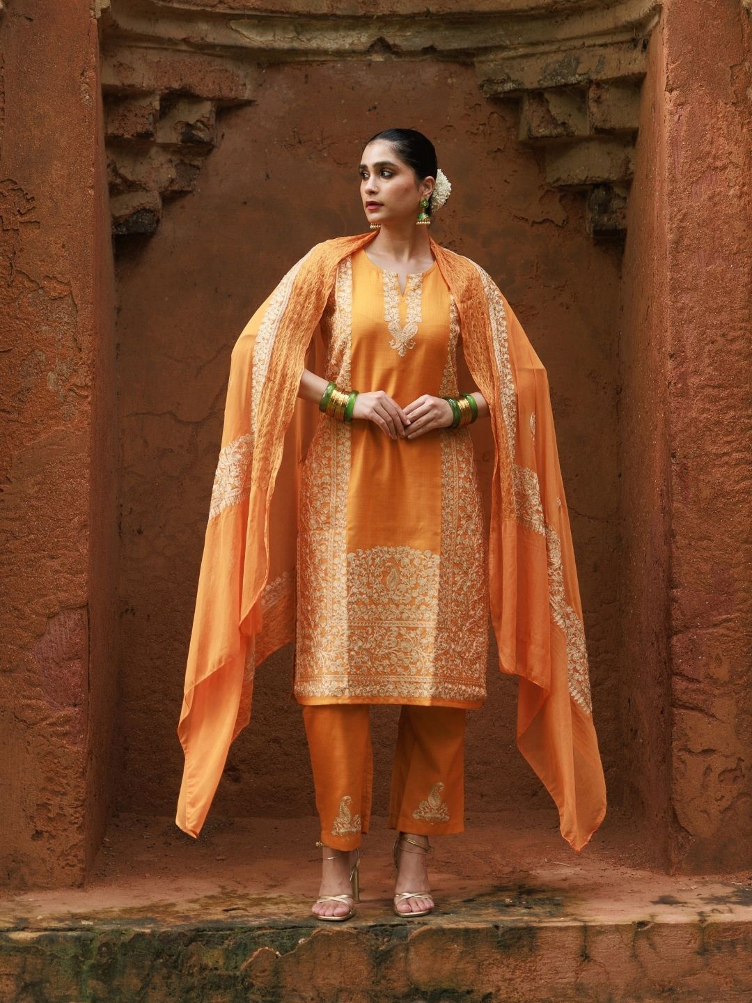 

House of Chikankari HOC Crafts Aari Woven Kurta Set, Mustard
