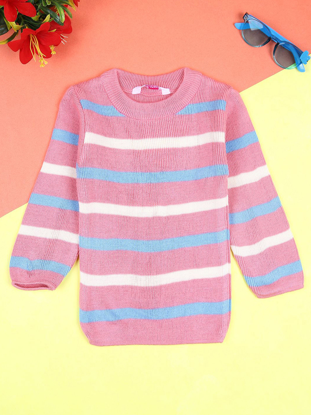 

V-Mart Girls Striped Cotton Pullover Sweaters, Pink