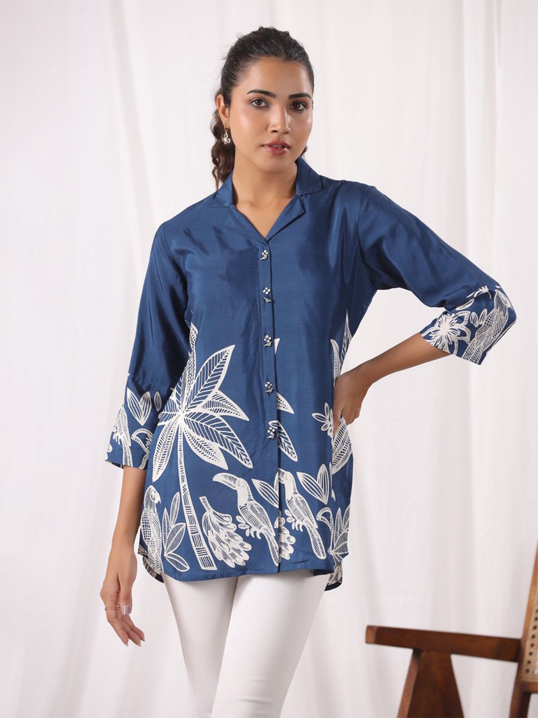 

JISORA Floral Printed Pure Silk Shirt Style Top, Blue