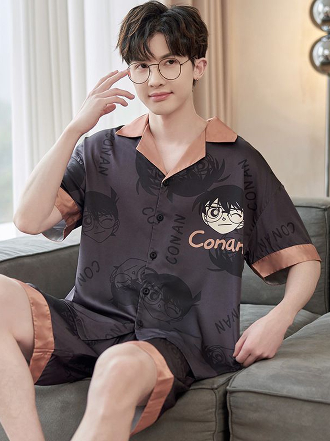 

StyleCast Printed Shirt With Shorts Night Suits, Grey