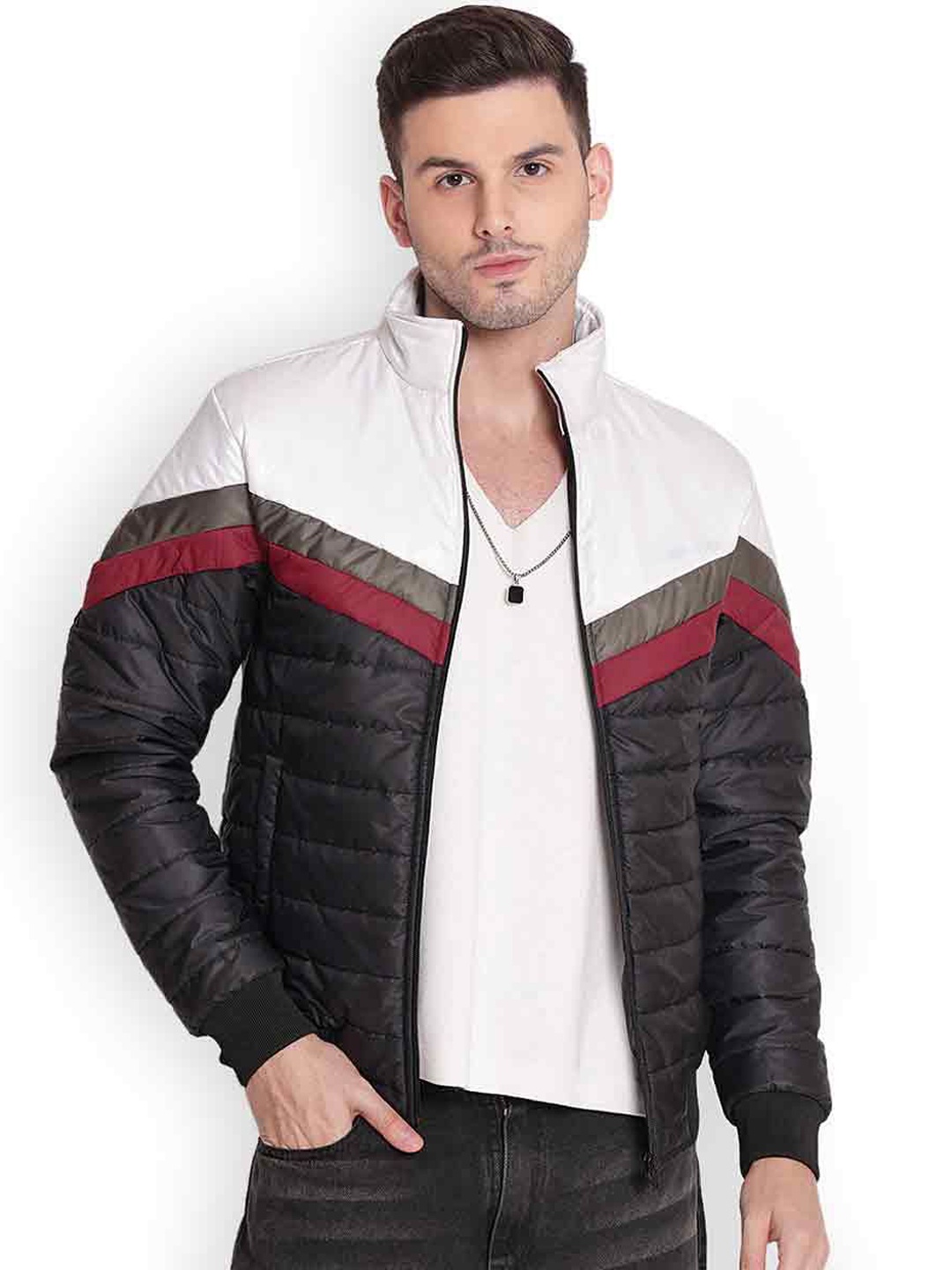 

JUMP USA Men Mock Collar Colourblocked Casual Quilted Jacket, Black