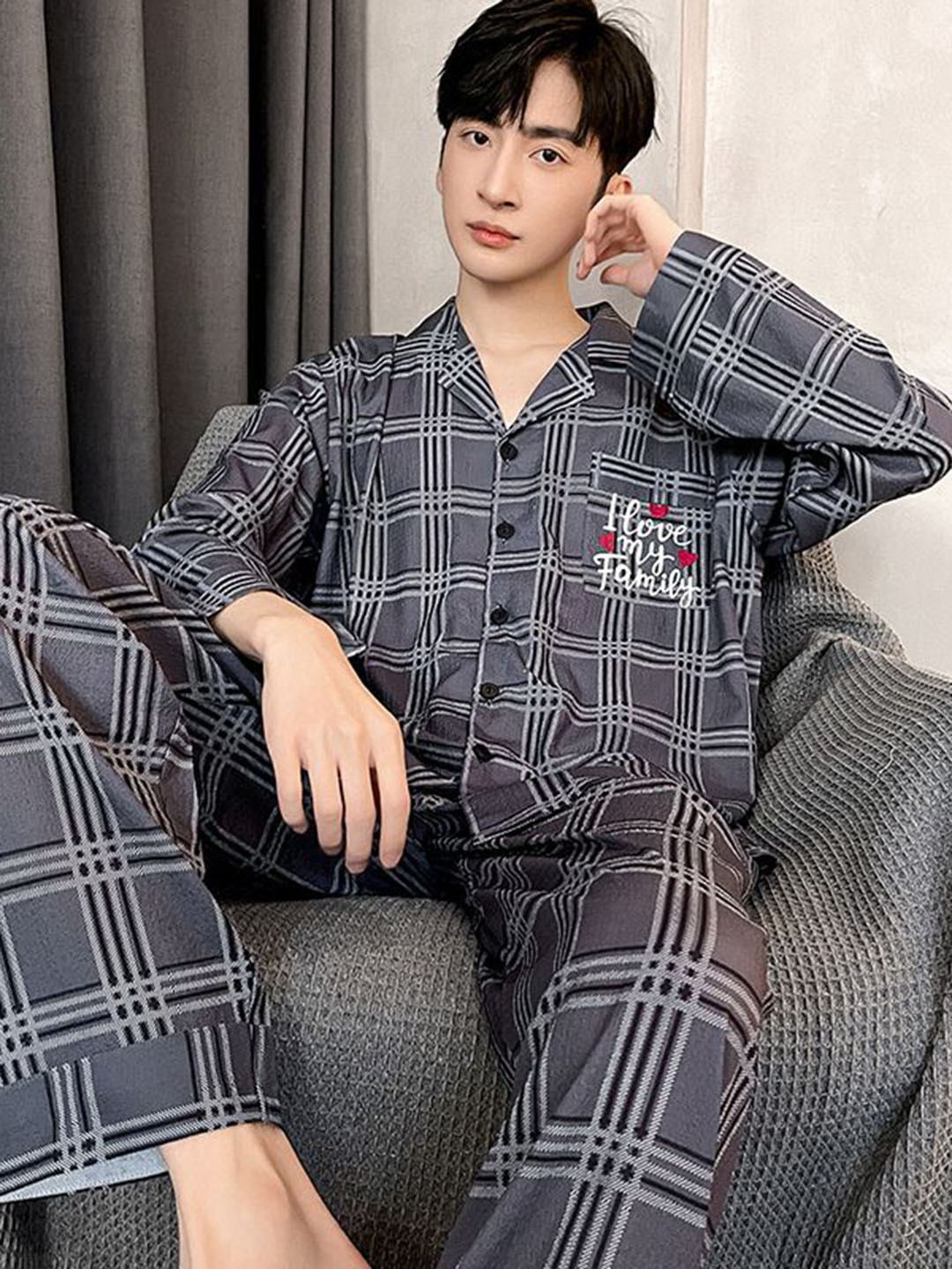 

StyleCast Checked Lapel Collar Long Sleeves Shirt With Pyjama, Grey