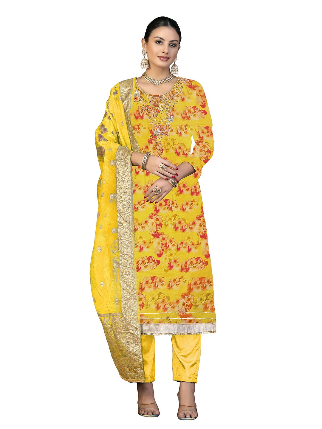 

Maroosh Floral Embroidered Beads and Stones Organza Unstitched Dress Material, Mustard