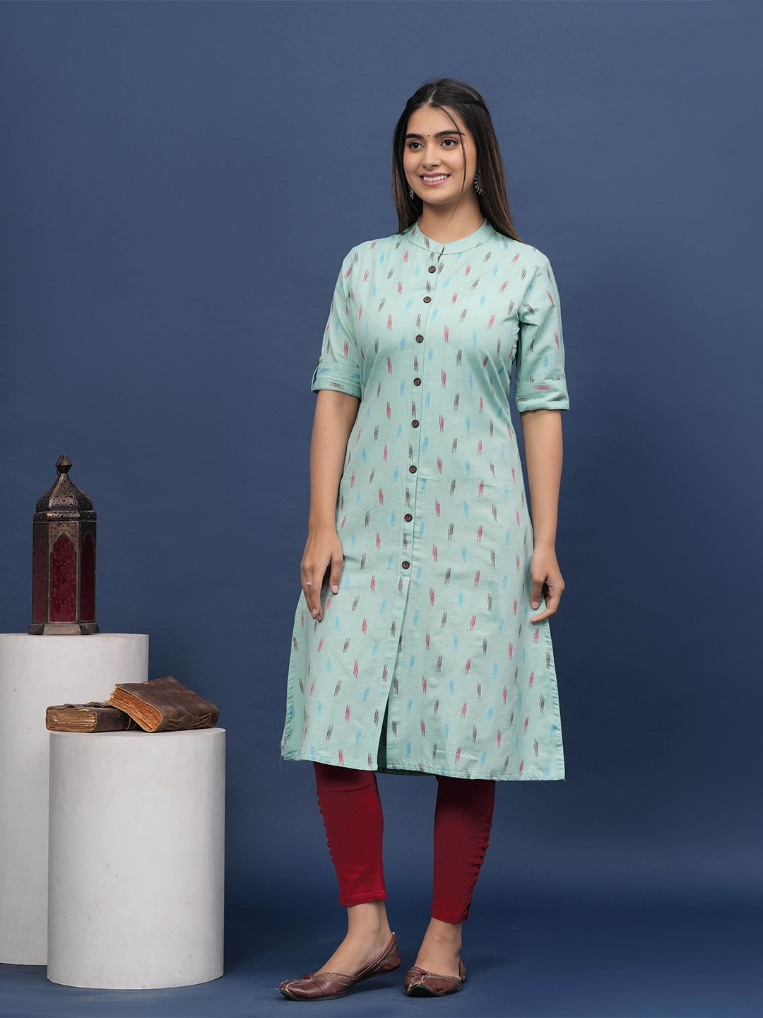 

DIZON Women Woven Design Pure Cotton Kurta, Turquoise blue