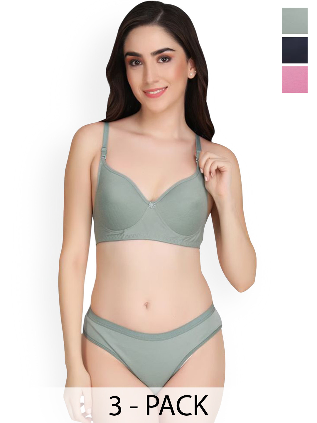 

Designer Bugs Women Pack Of 3 Lightly Padded Lingerie Sets, Olive