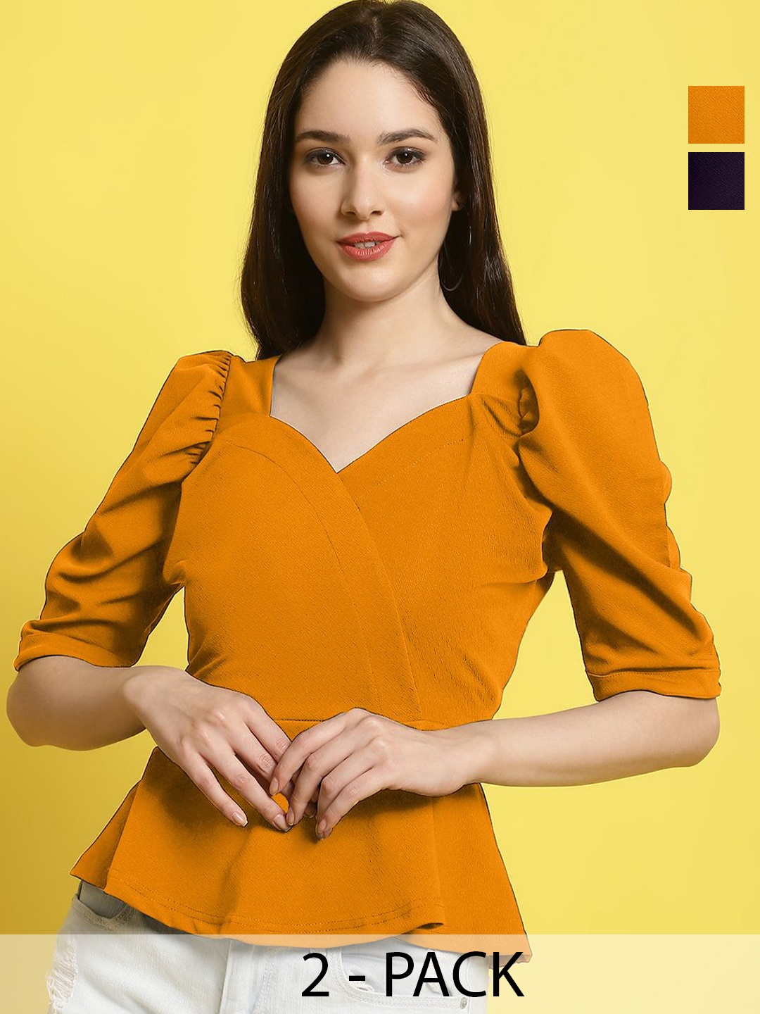 

Metronaut Women Pack Of 2 Sweetheart Neck Crop Top, Mustard