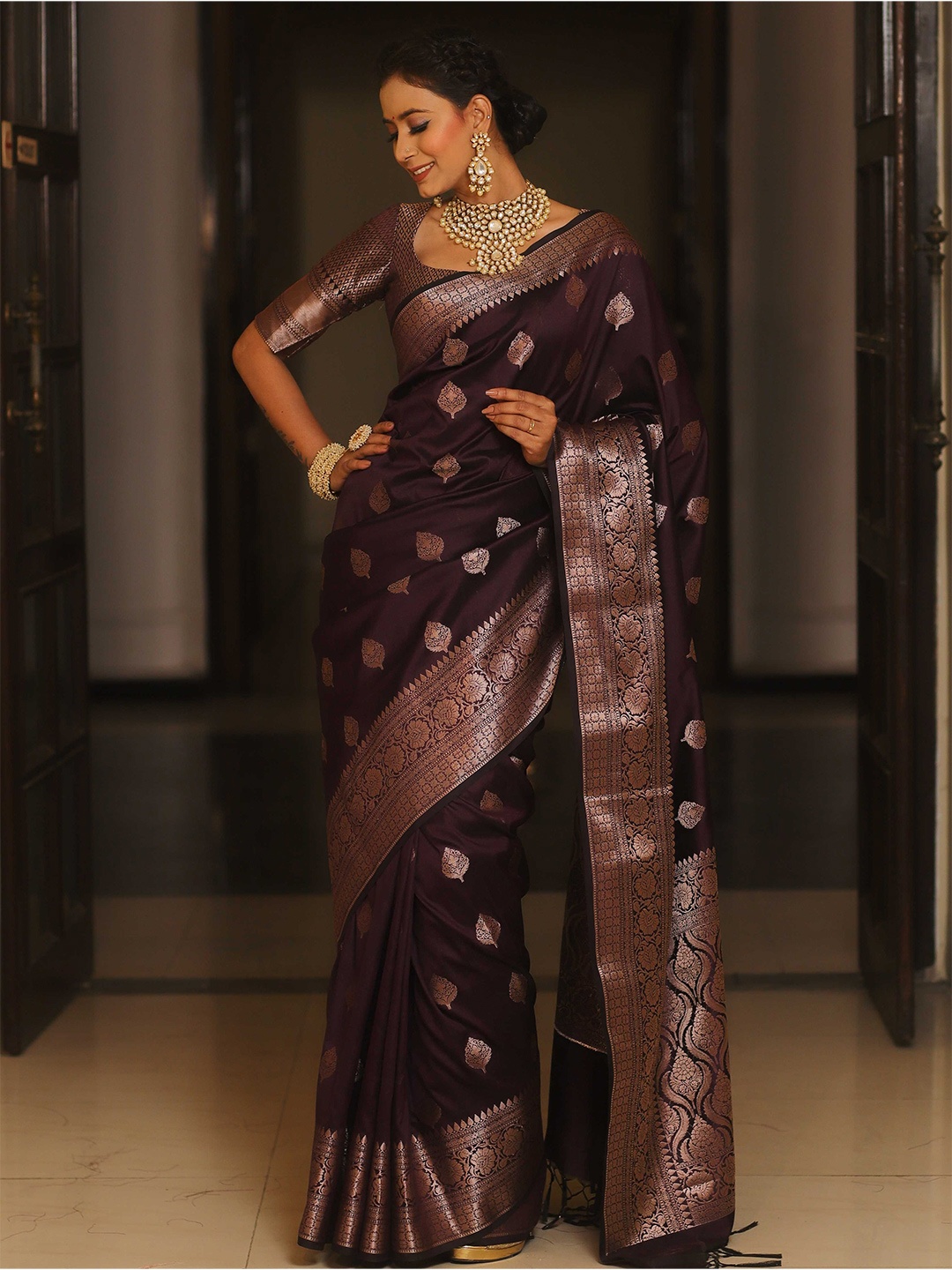 

Banarasee Ethnic Motifs Zari Banarasi Saree, Purple