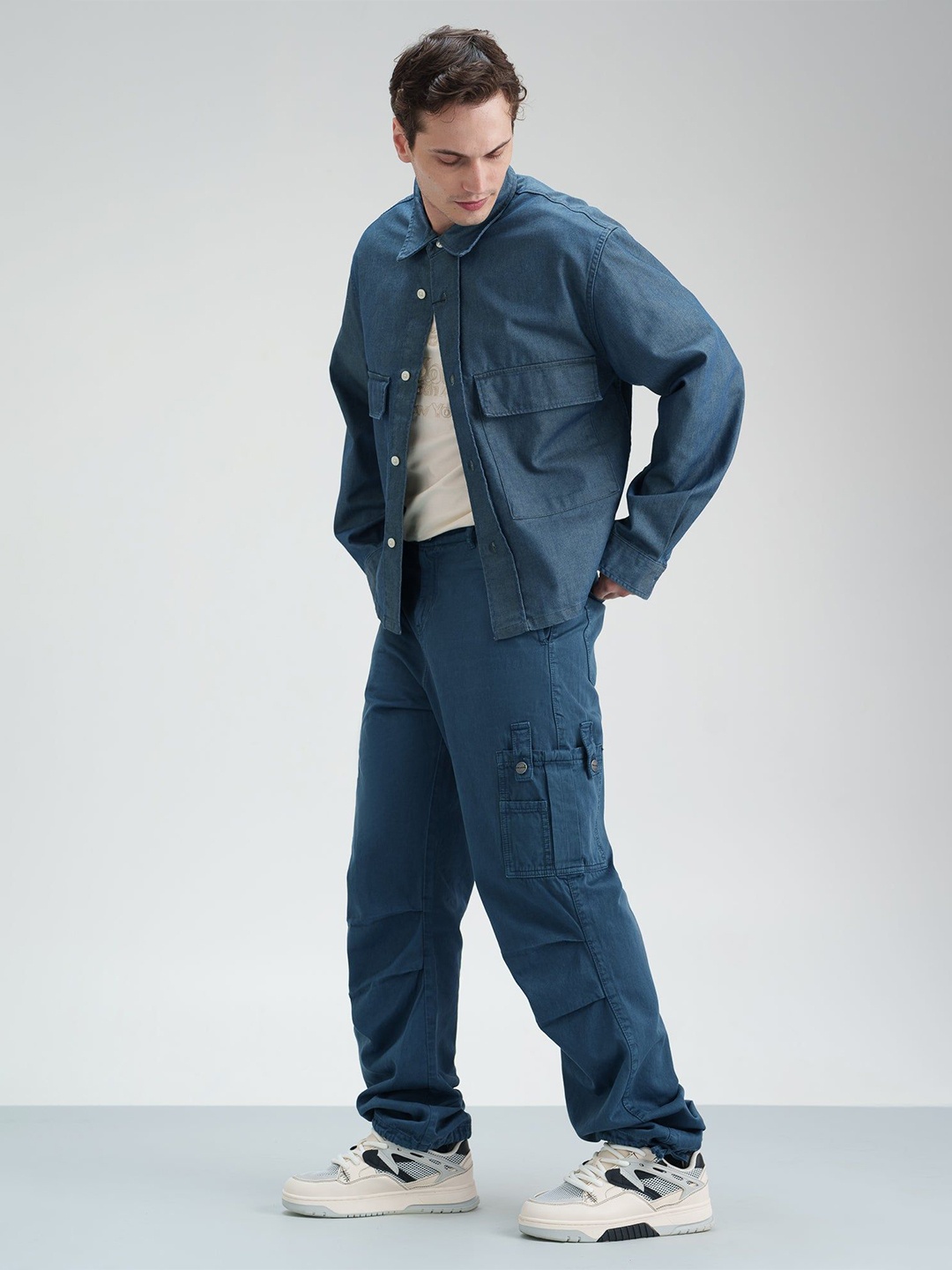

FREAKINS Men Cotton Relaxed Straight Leg Loose Fit Parachute Cargo, Navy blue
