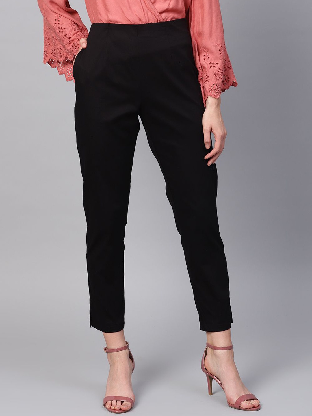 

SOJANYA Women Cotton Slim Fit Regular Trousers, Black