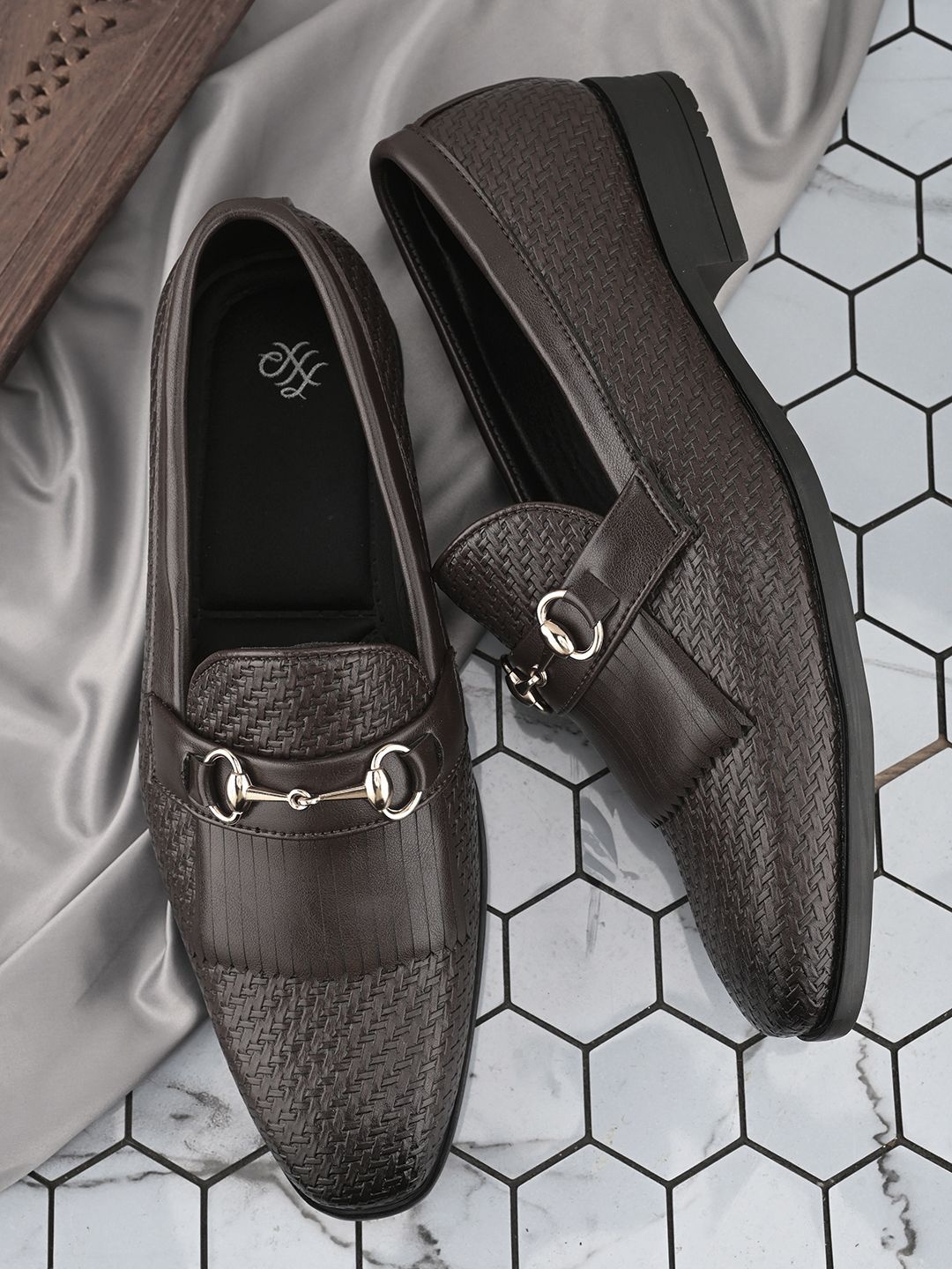 

House of Pataudi Men Textured Slip-On Formal Loafers, Brown