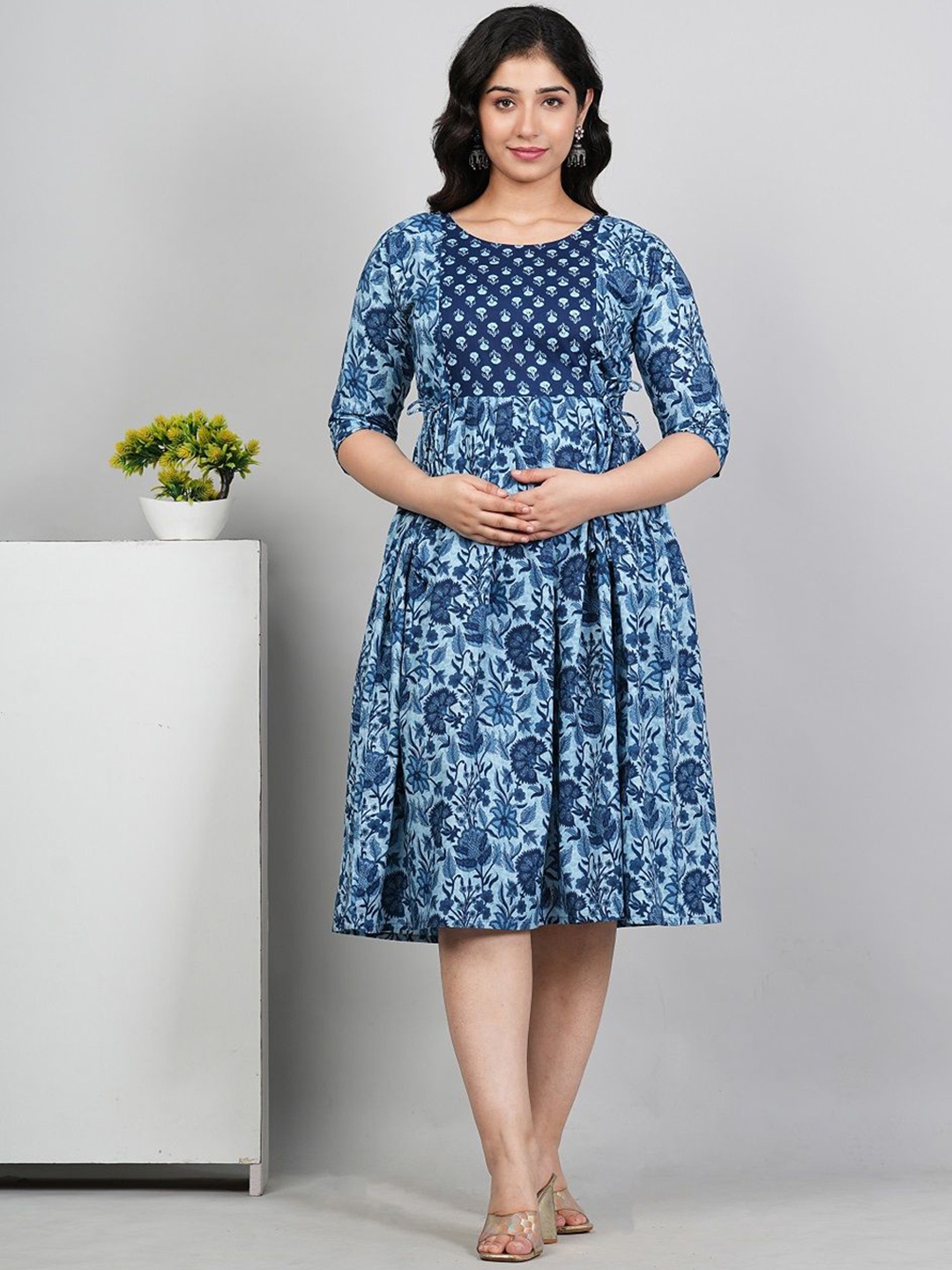 

HETSA Floral Printed Cotton Maternity Fit and Flare Midi Ethnic Dress, Blue