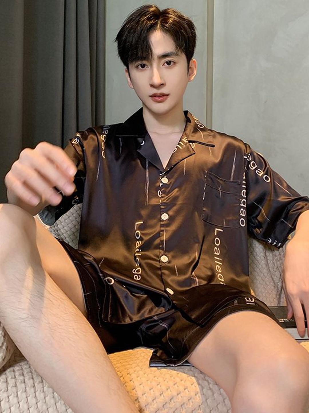 

StyleCast Brown Printed Shirt With Shorts Night Suit