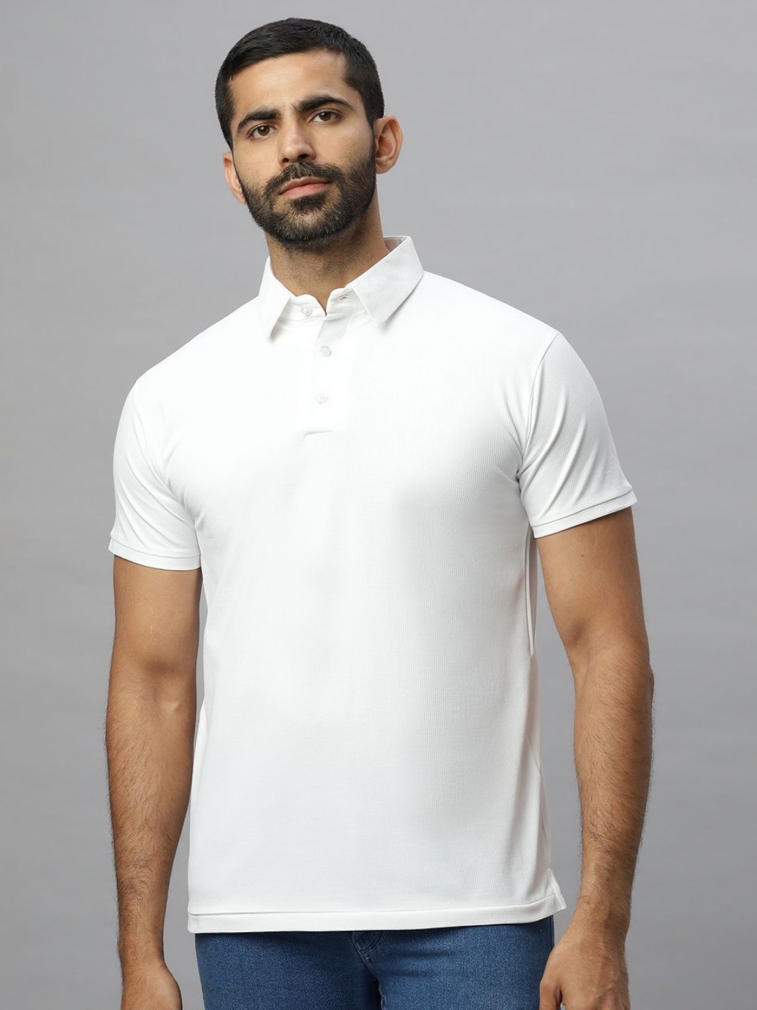 

N AND J Men Solid Polo Collar Cotton T-shirt, White