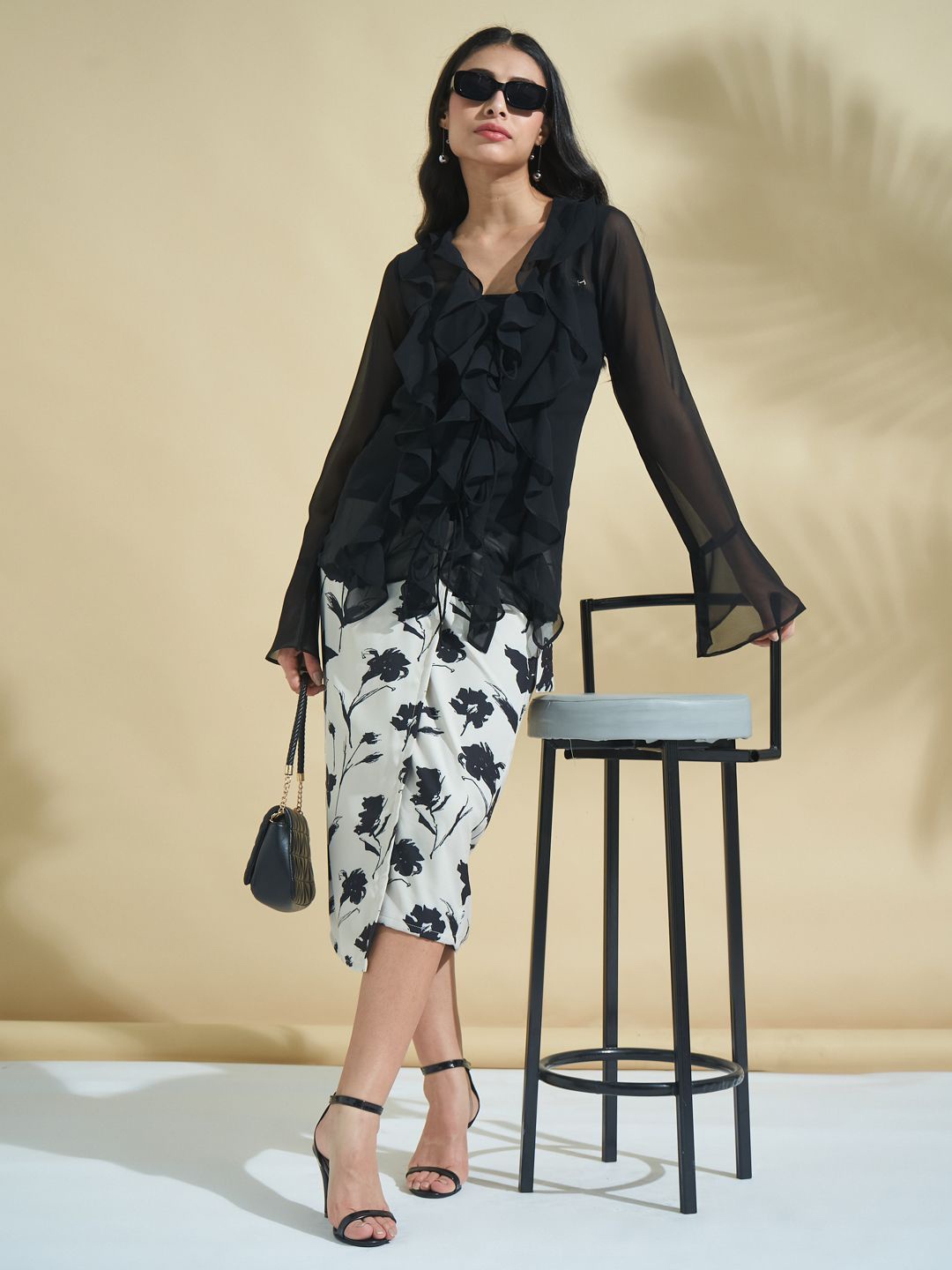 

DEPANO Floral Printed Longline Top, Black