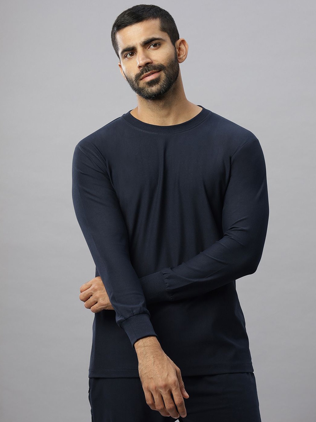 

N AND J Men Solid Round Neck Cotton T-shirt, Navy blue