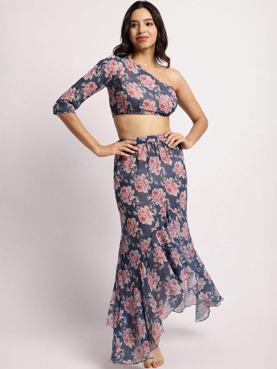 

EROTISSCH Floral Printed Relaxed-Fit Crop Top & Skirt, Blue