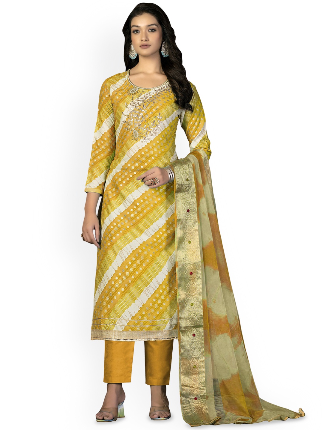 

Maroosh Striped Beads and Stones Unstitched Dress Material, Yellow