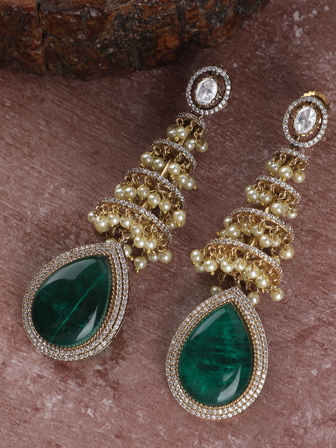 

AURAA TRENDS Gold-Plated Stone Studded & Beaded Dome Shaped Jhumkas