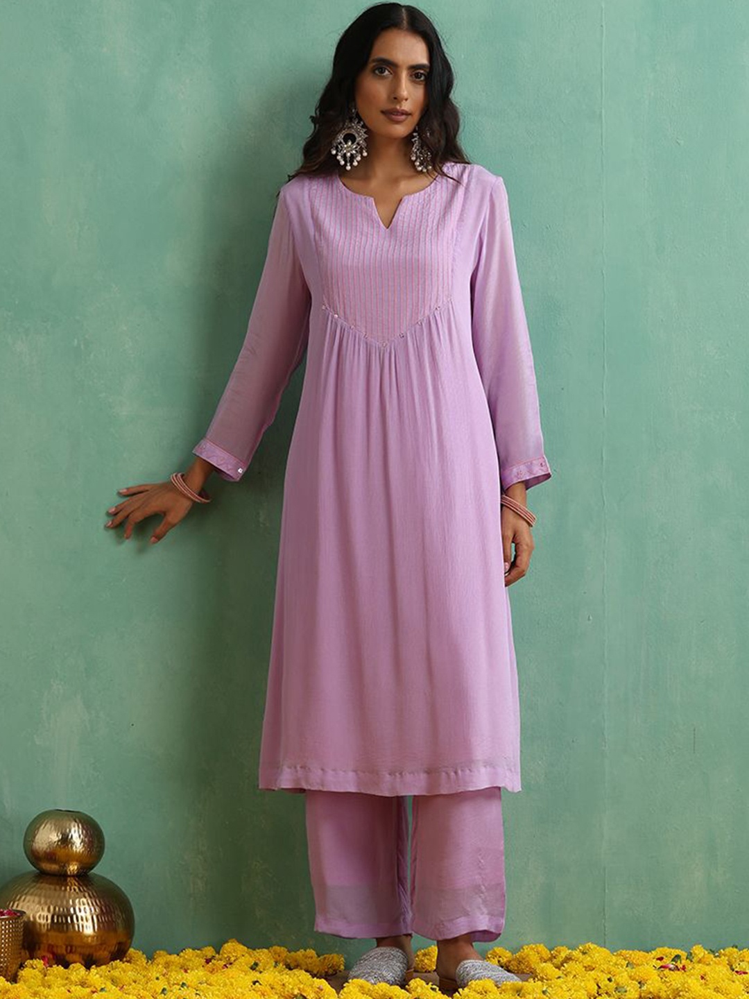 

indy Raaga Striped Embroidered Mirror Work Silk Chiffon Straight Kurta With Trousers, Mauve