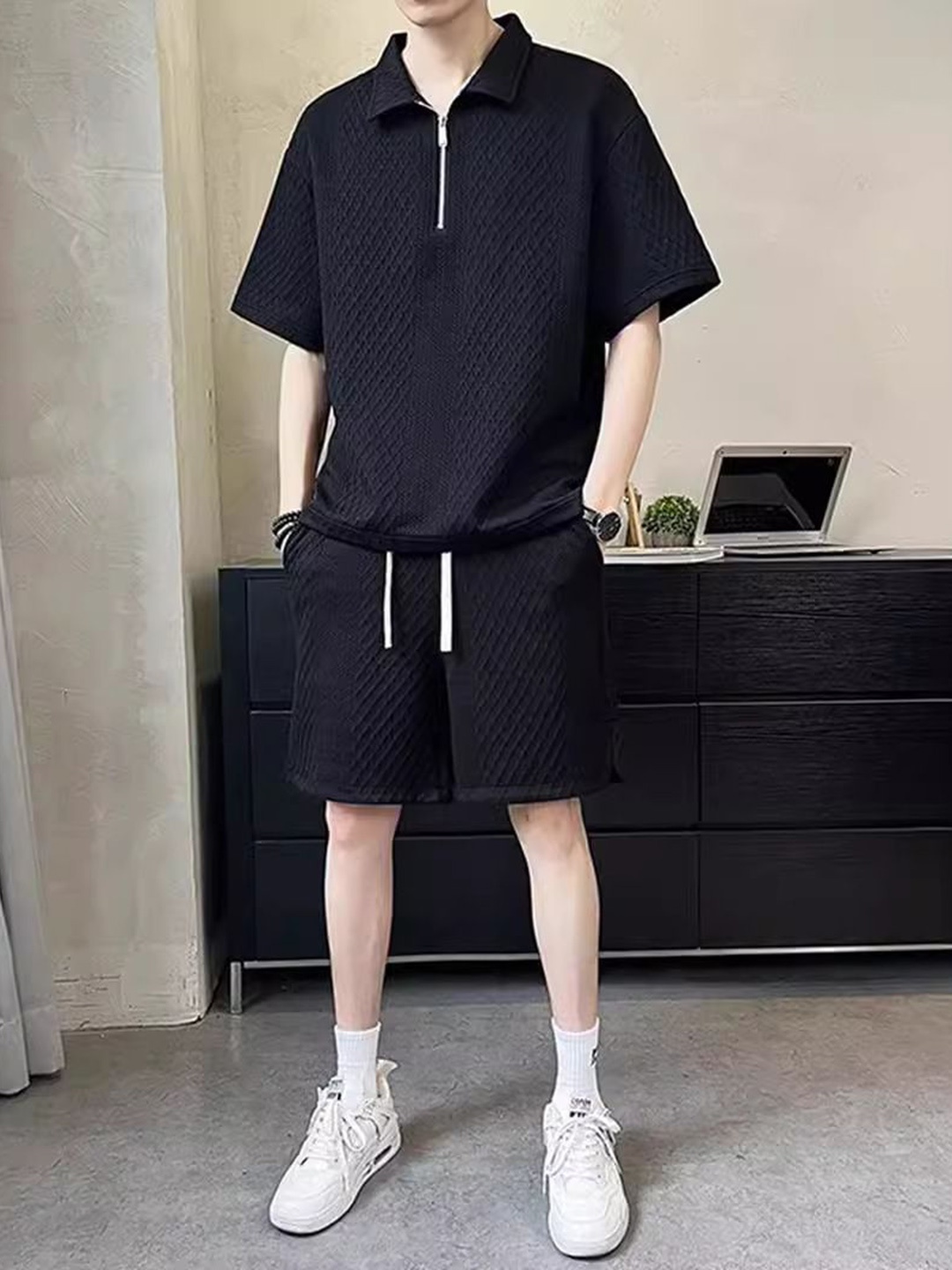 

StyleCast Self Design Shirt Collar Neck T-Shirt With Short, Black