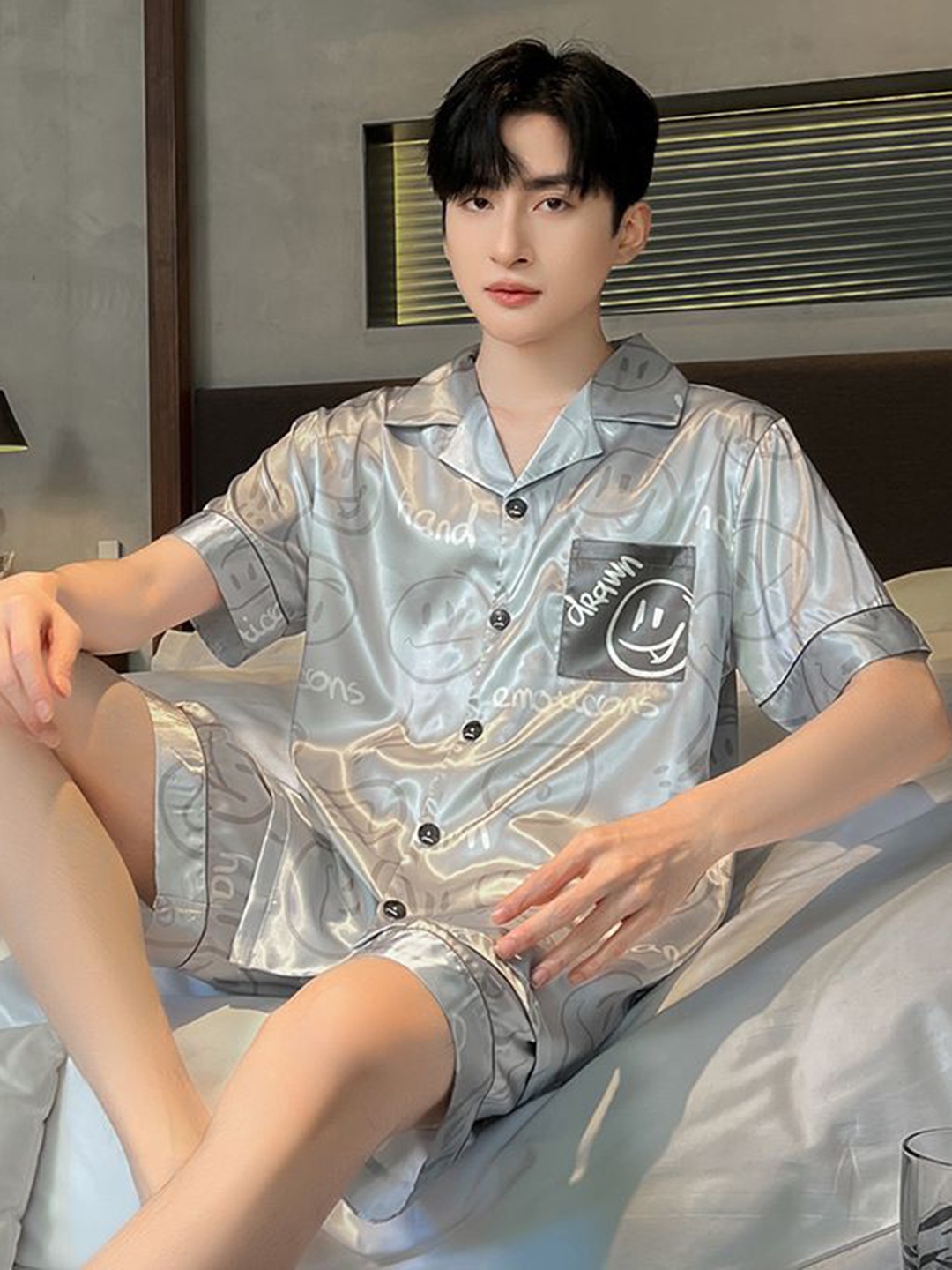 

StyleCast Printed Shirt with Shorts Night Suits, Grey