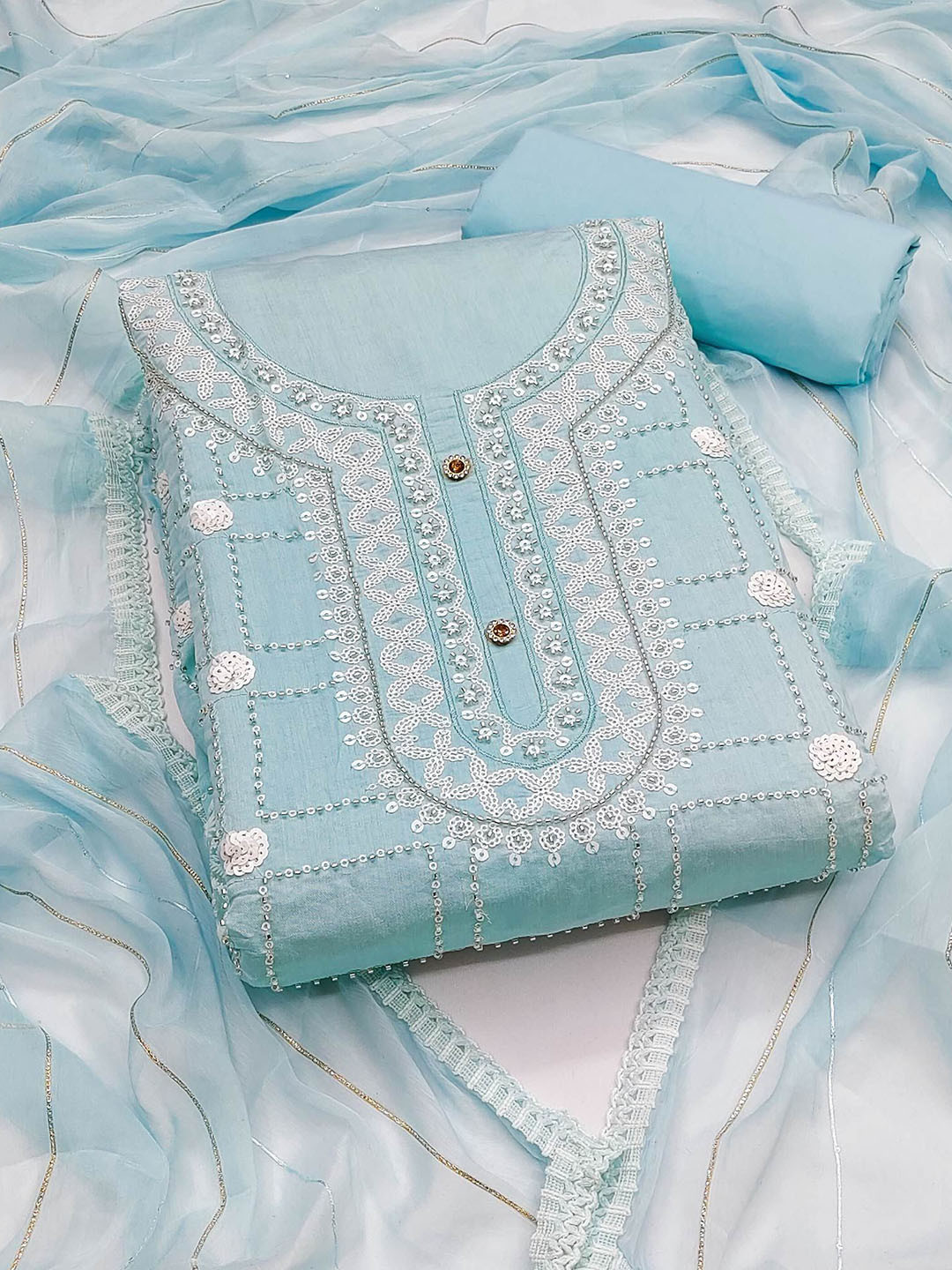 

Peachmode Floral Embroidered Chanderi Silk Sequinned Unstitched Dress Material, Blue