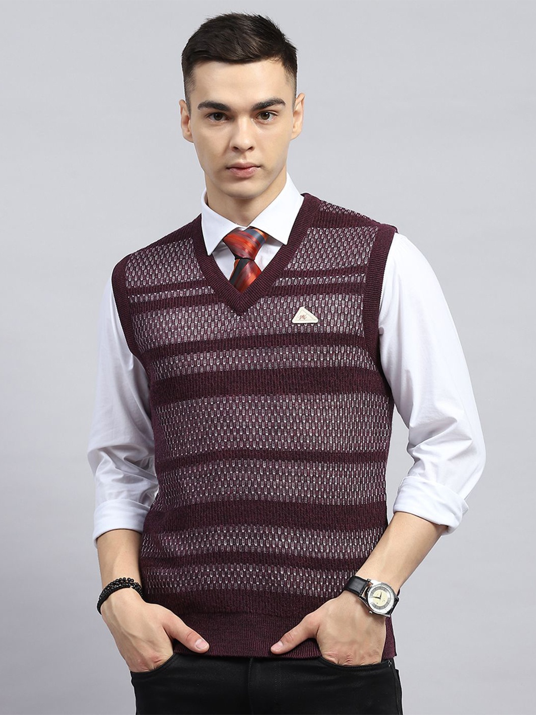 

Monte Carlo Men Striped Woollen Sweater Vest, Maroon
