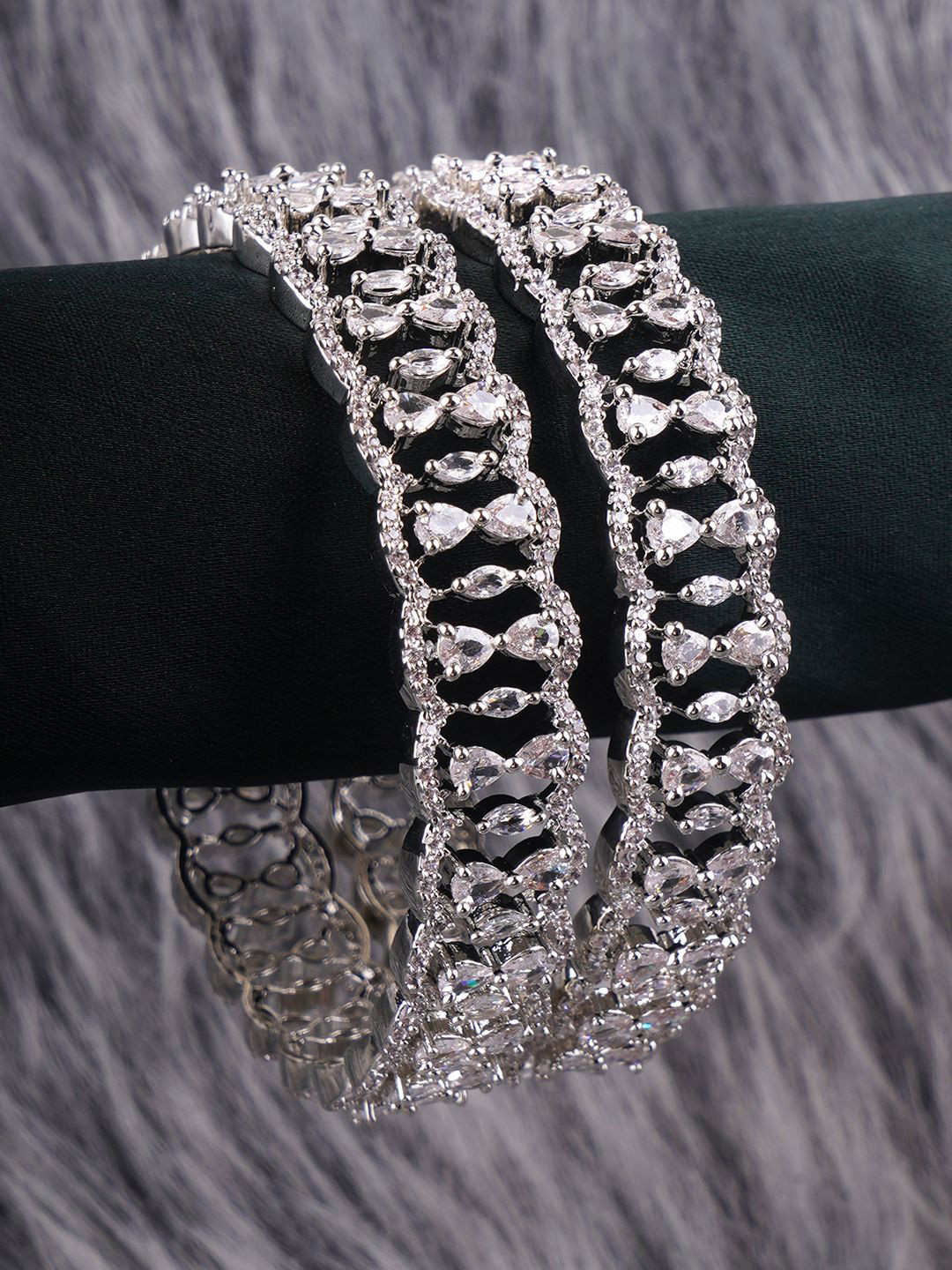 

Adwitiya Collection Set Of 2 Rhodium-Plated American Diamond Stone Studded Bangles, Silver