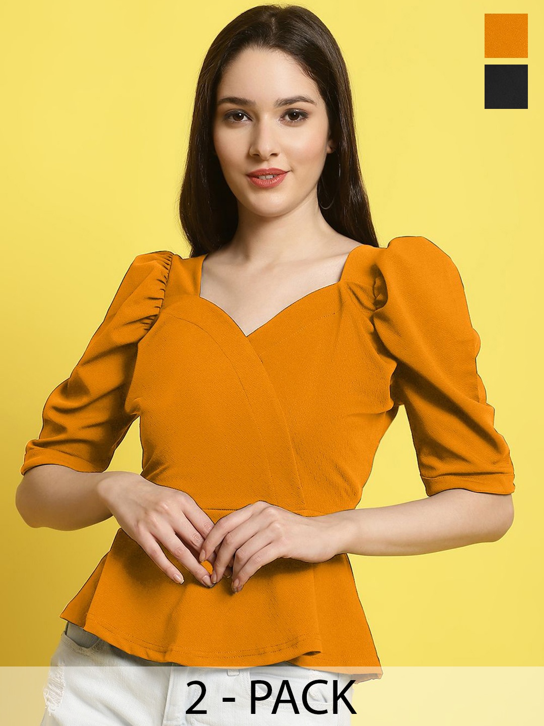 

Metronaut Women Pack Of 2 Sweetheart Neck Top, Yellow