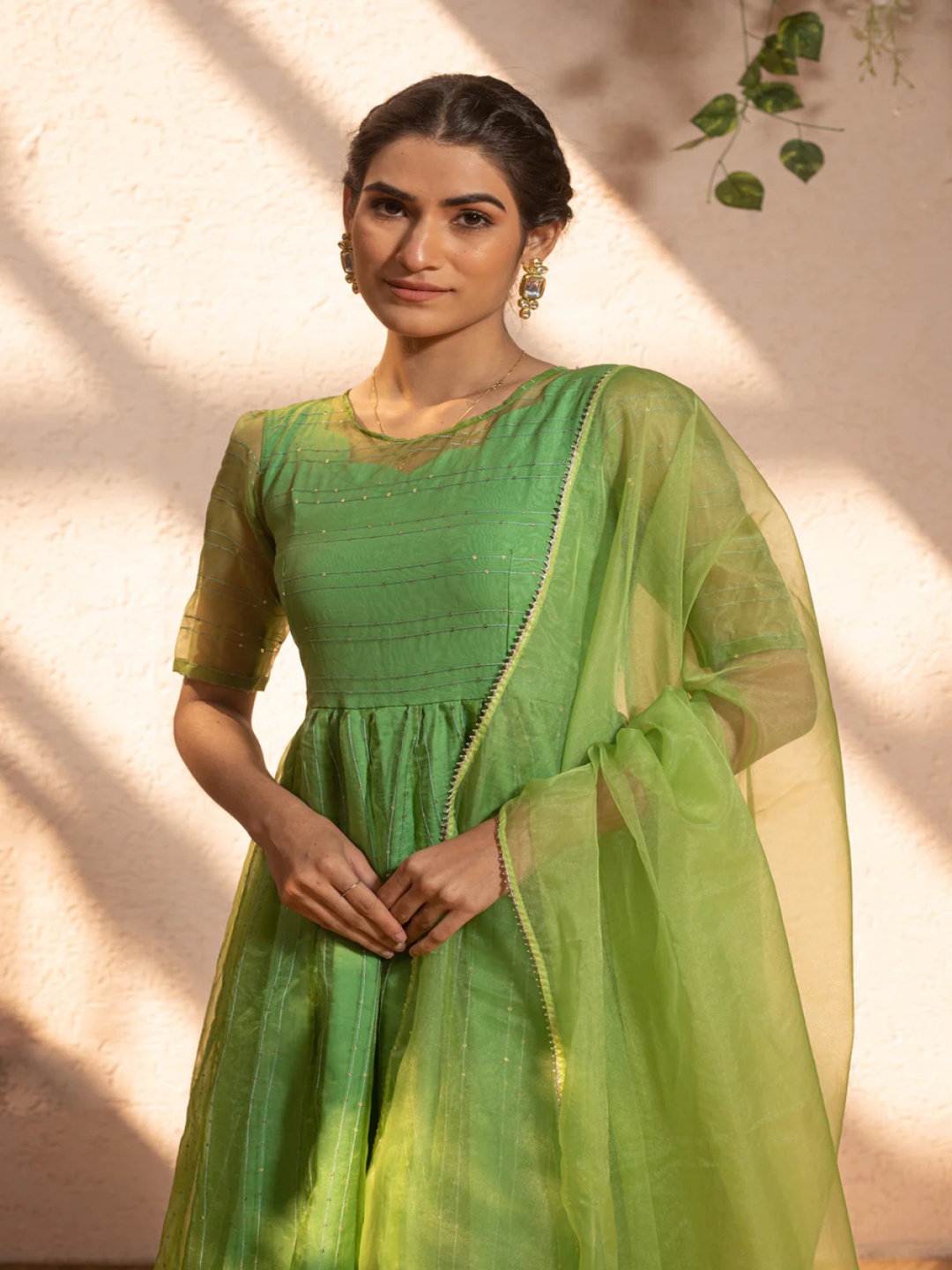 

SUKITI Striped Embroidered Sequinned Organza AnarkaliKurta with Trousers & Dupatta, Green