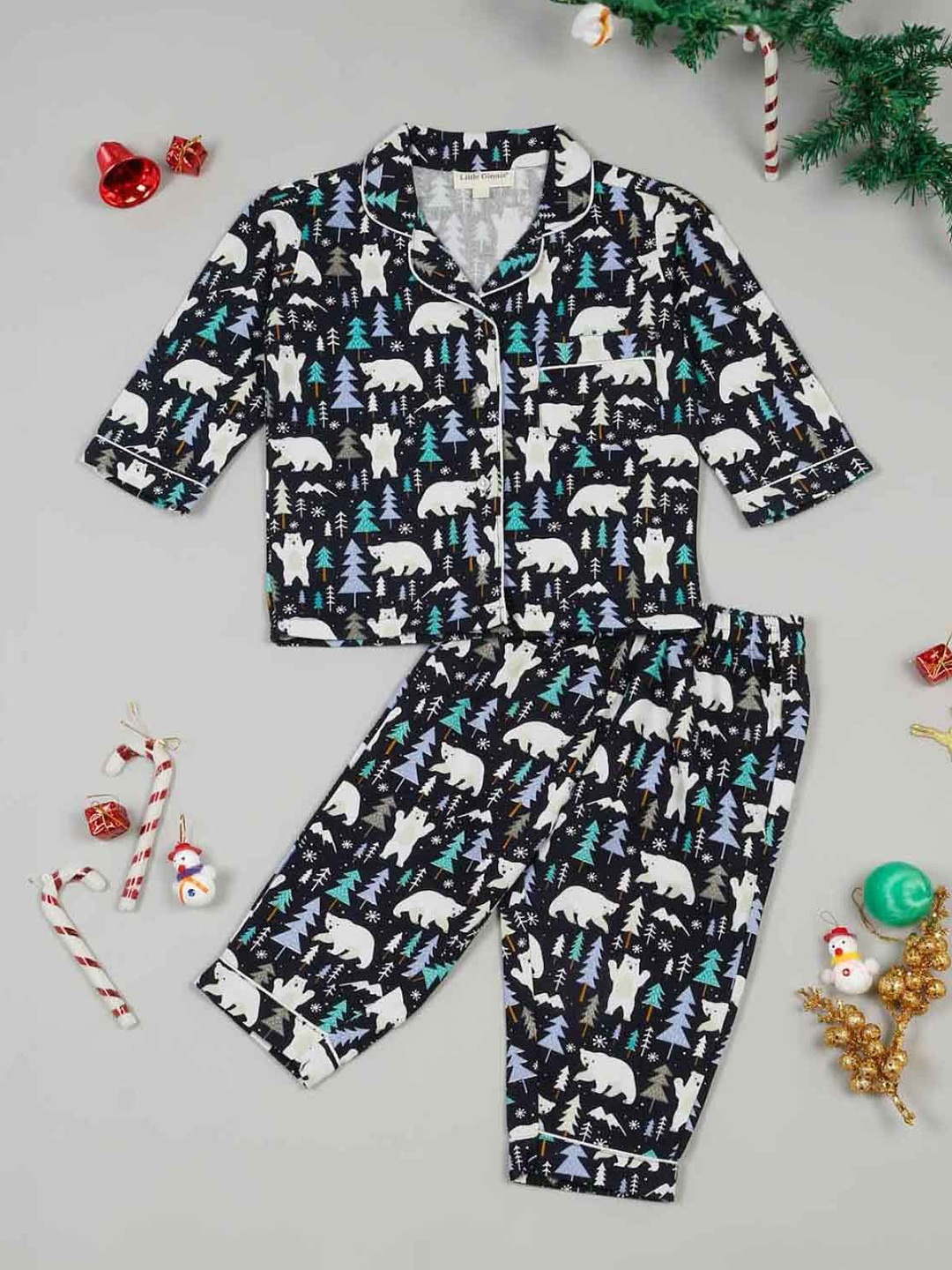 

LITTLE GINNIE Kids - Boys Abstract Printed Lapel Collar Night suits, Navy blue