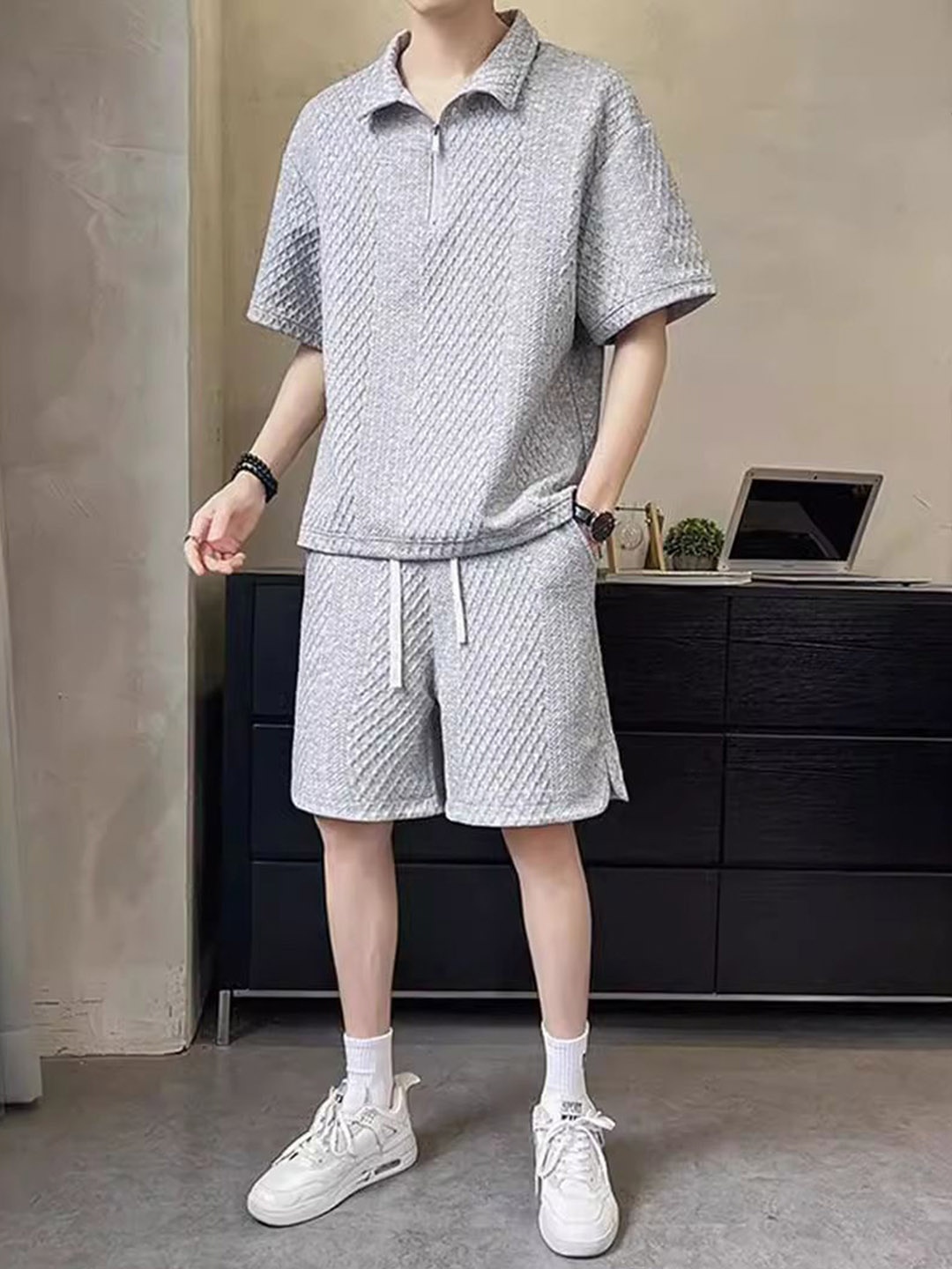 

StyleCast Self Design Shirt Collar T-Shirt With Shorts Co-Ords, Grey
