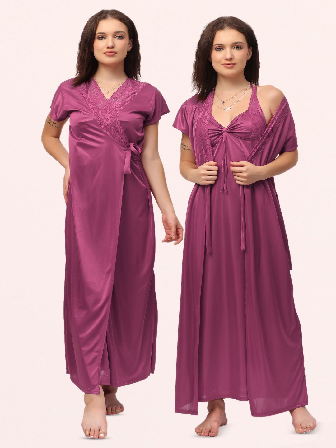 

NIGHT KEYS Women Set Of 6 Satin Maxi Nightdress, Purple