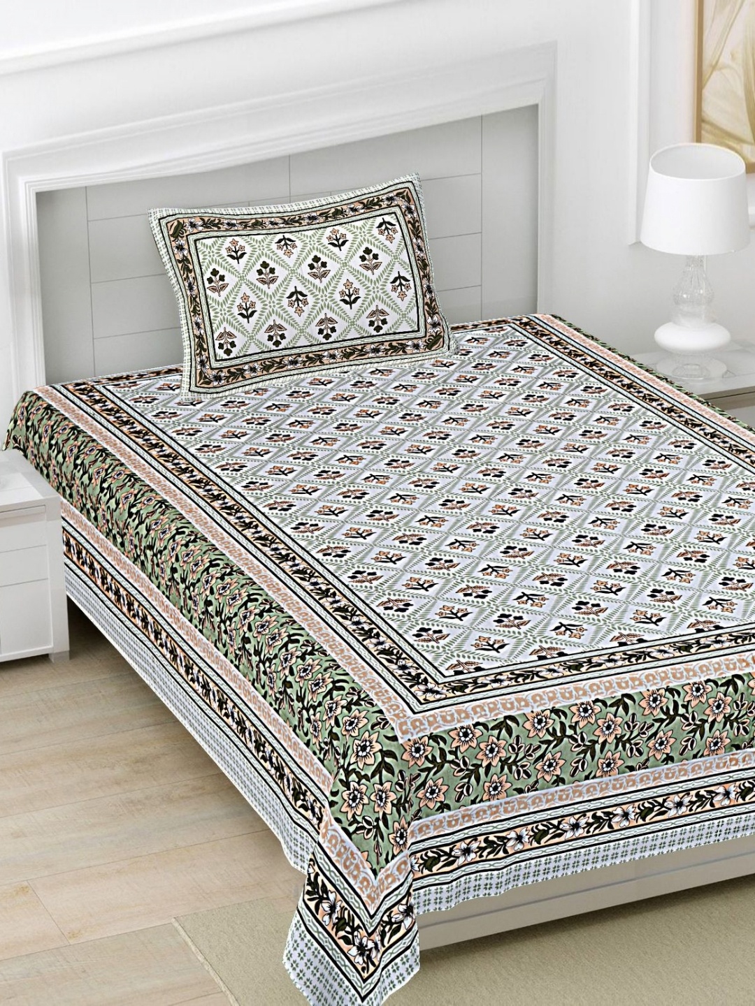 

FrionKandy Living Green Floral Pure Cotton 180 TC Bedsheet Set 2.28 m x 1.52 m