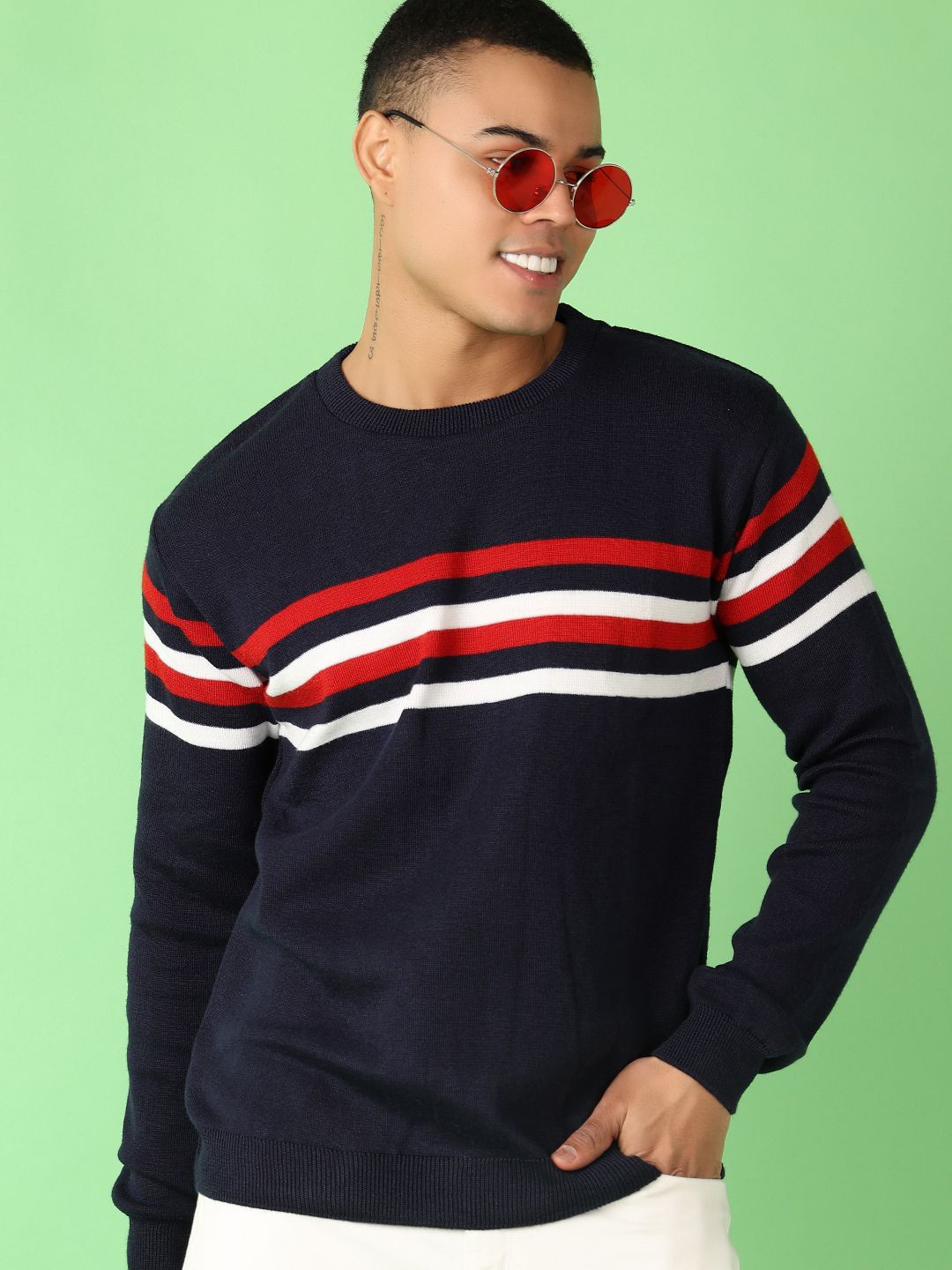 

V-Mart Men Striped Round Neck Sweater, Blue