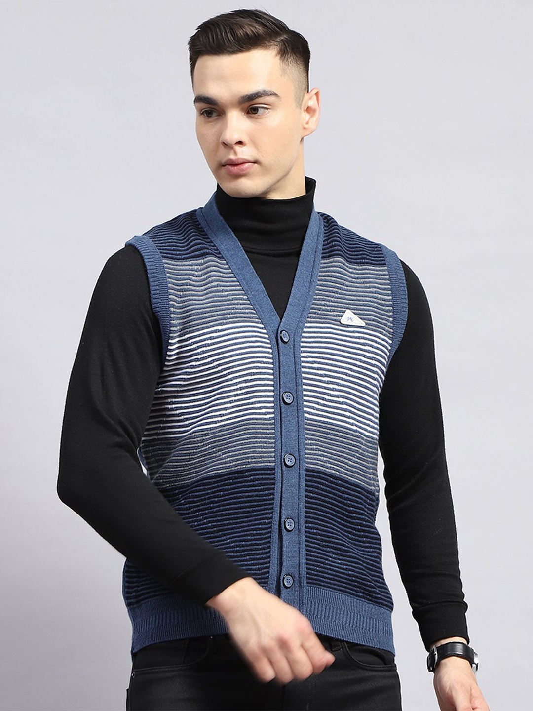 

Monte Carlo Men Striped Woollen Cardigan, Blue