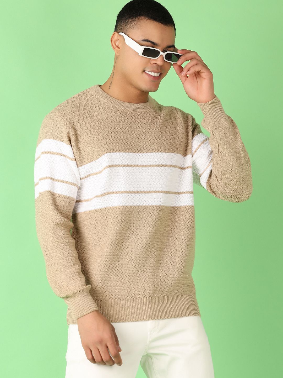 

V-Mart Men Striped Round Neck Pullover, Beige