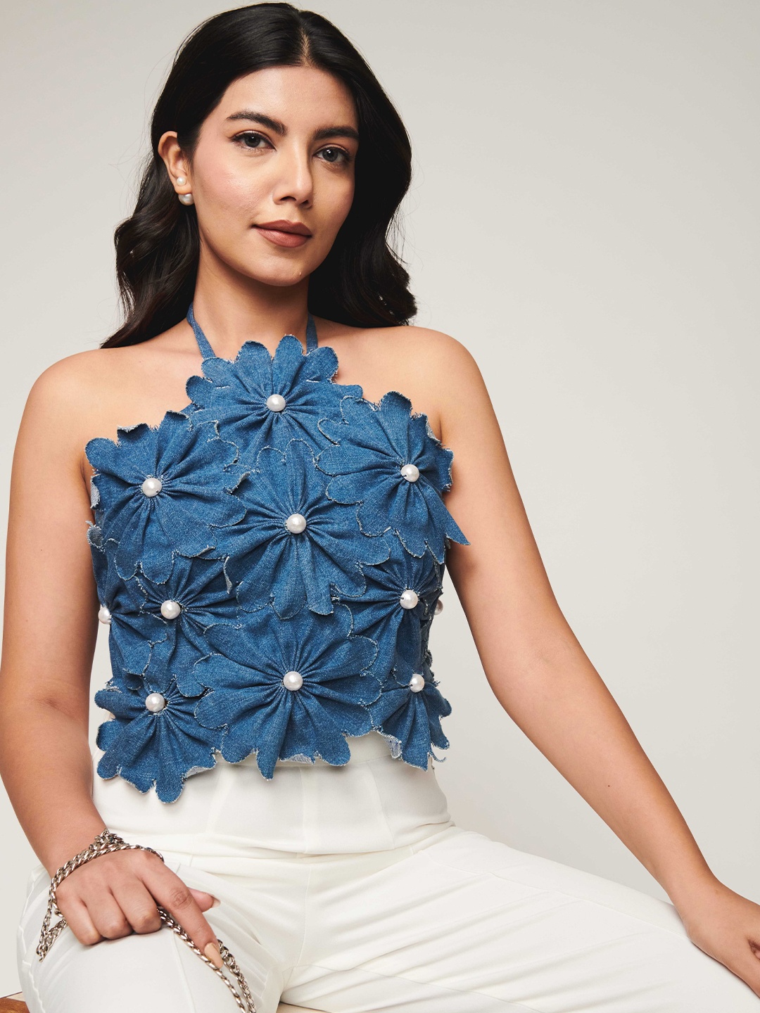

WEAVING CULT Embroidered Tie-Up Denim Styled Back Crop Top, Blue