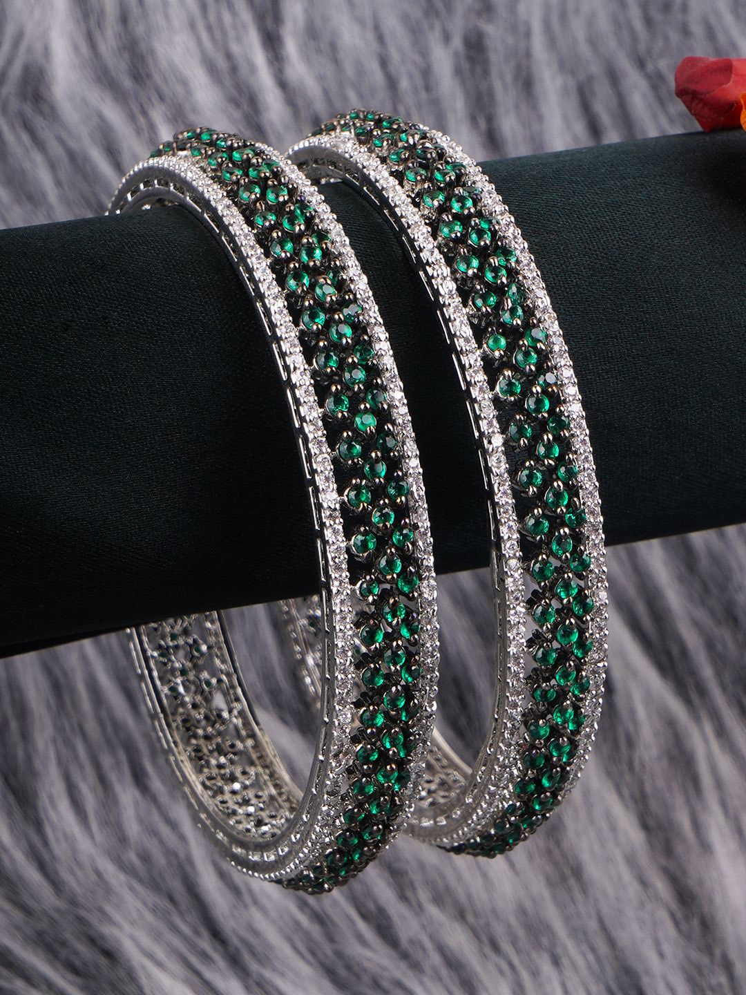 

Adwitiya Collection Set Of 2 Rhodium-Plated American Diamond-Studded Bangles, Silver