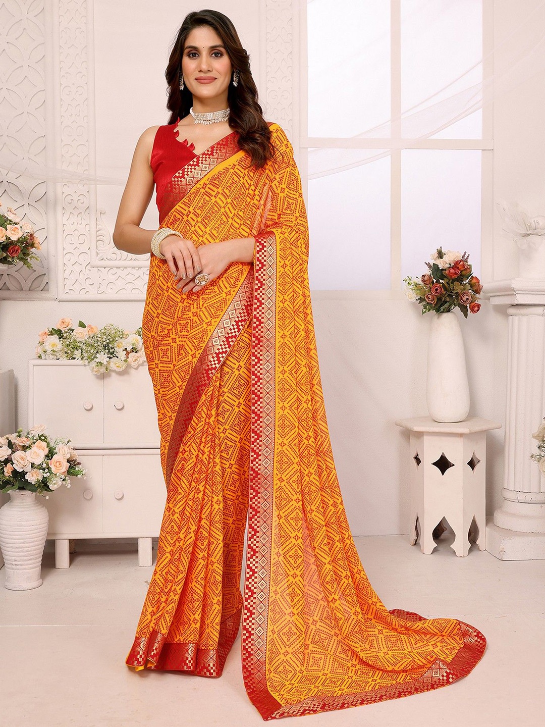 

KALINI Bandhani Zari Saree, Red