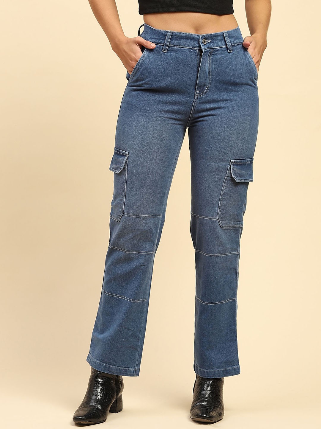 

Global Republic Women Smart Straight Fit High-Rise Cotton Easy Wash Cargos Trousers, Blue