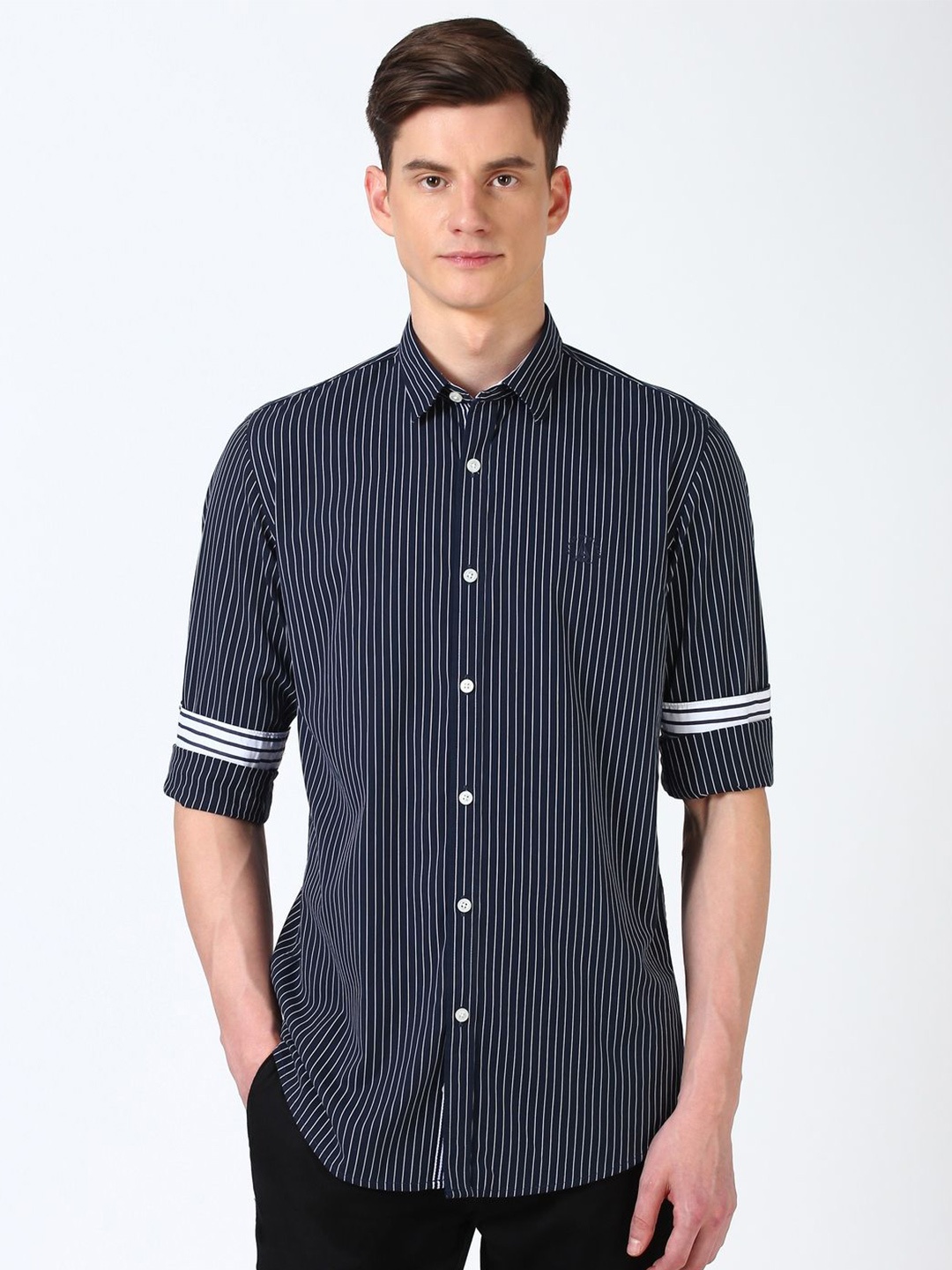 

Peter England Casuals Men Slim Fit Opaque Striped Casual Shirt, Navy blue