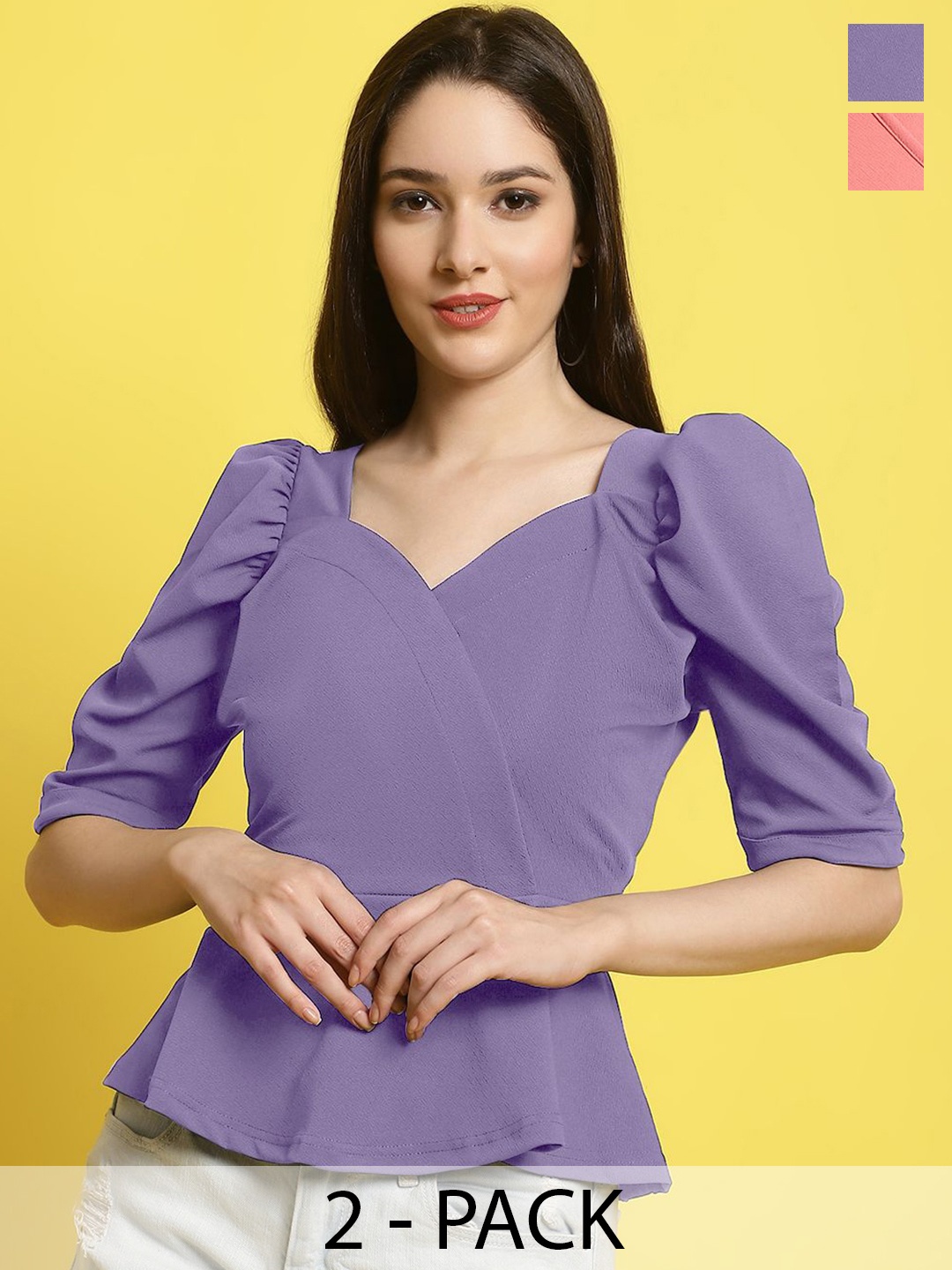 

Metronaut Women Pack Of 2 Sweetheart Neck Peplum Top, Lavender