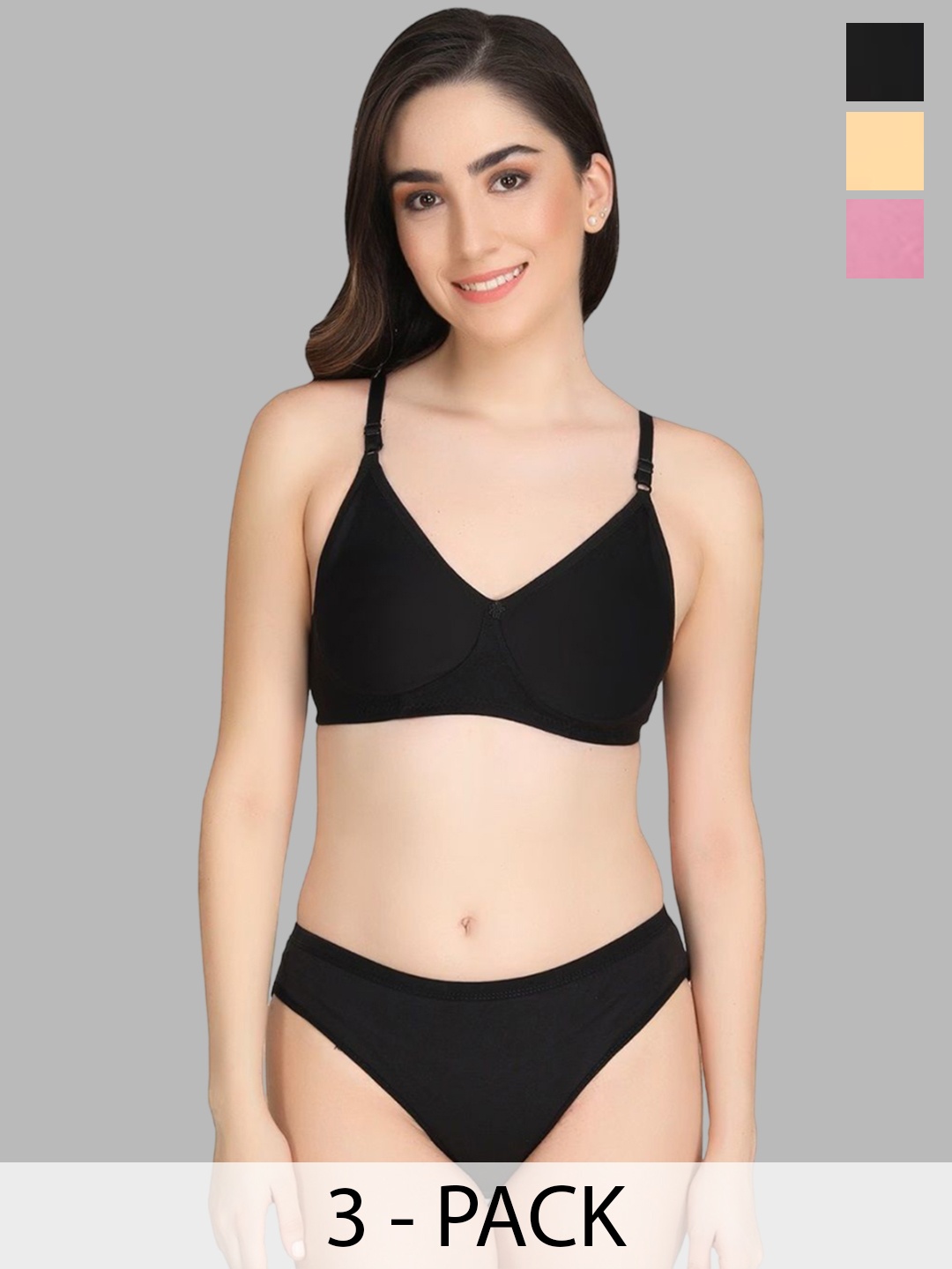 

Designer Bugs Pack Of 3 Lightly Padded Lingerie Set, Black