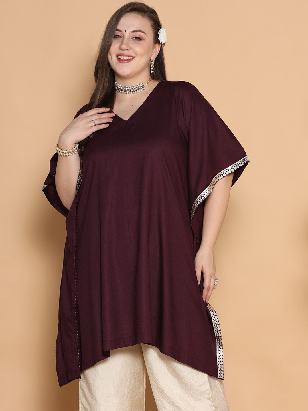 

LetsDressUp Women V-Neck Kaftan Kurta, Burgundy