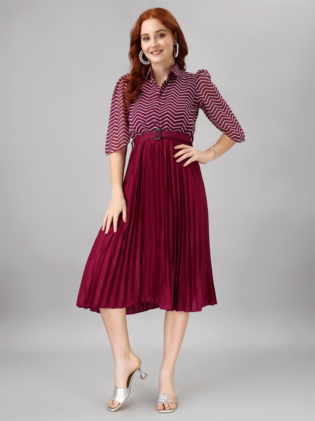 

Krunal Raiyani Women Geometric Printed Fit & Flare Midi Dress, Magenta