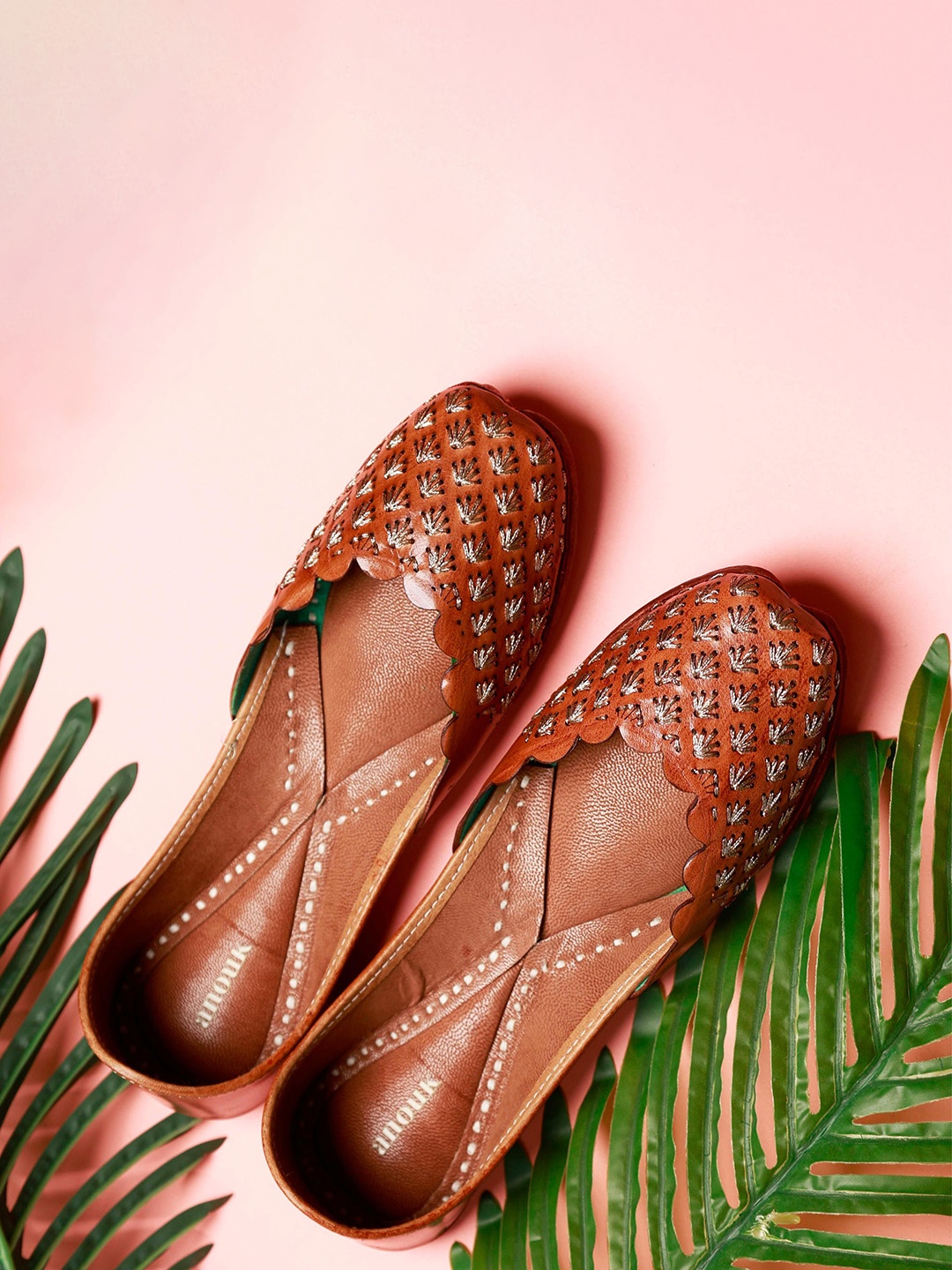 

Anouk Women Colourblocked Mojaris with Embroidered Flats, Tan