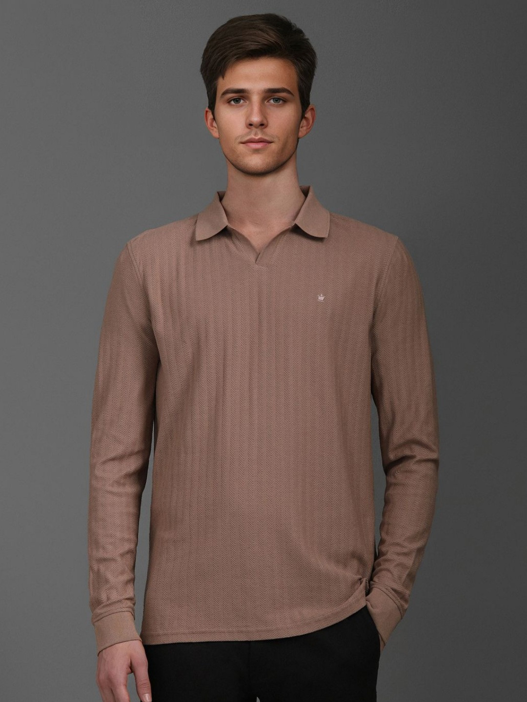 

Louis Philippe Men Self Design Polo Collar Cotton T-shirt, Brown
